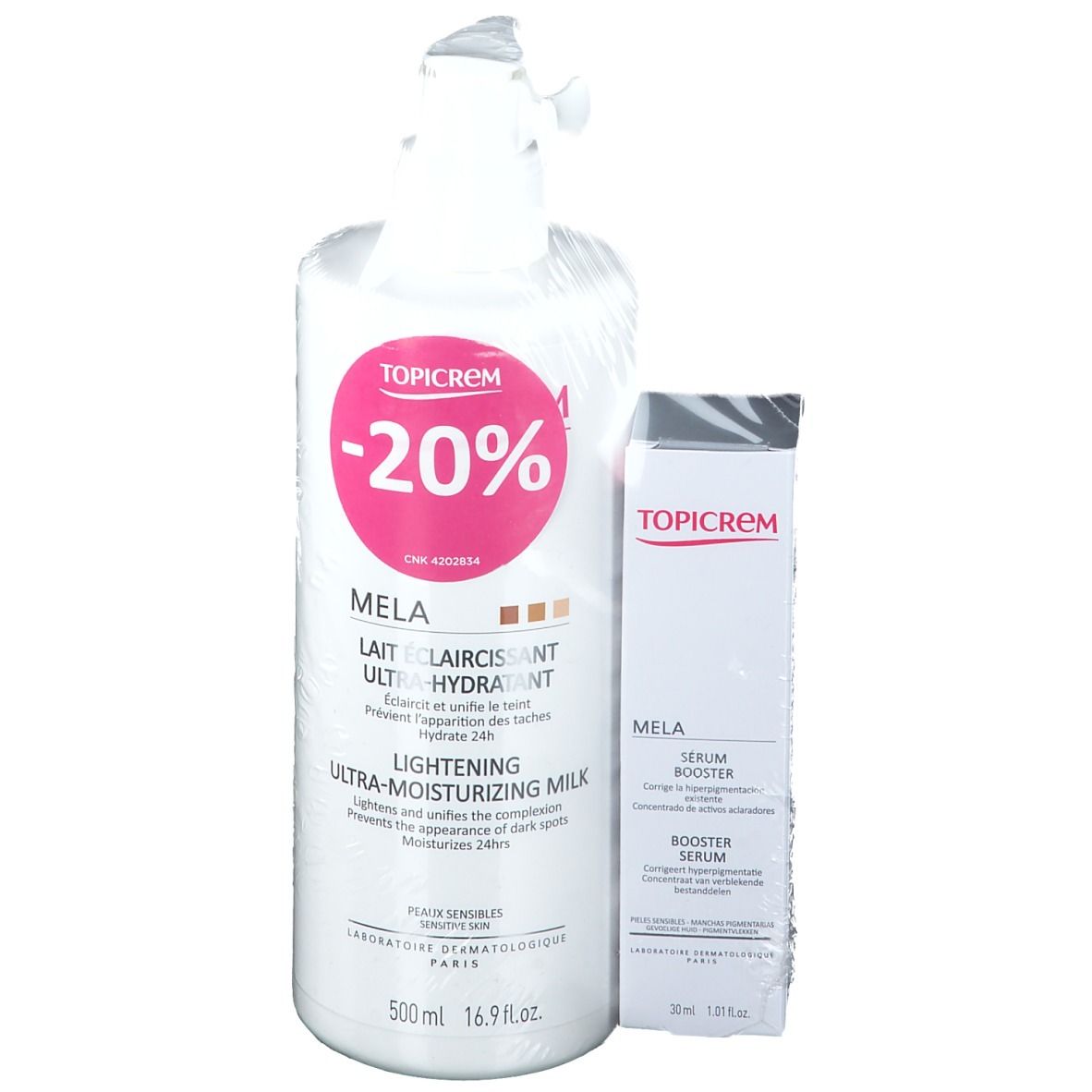 TOPICREM MELA bodylotion en serum. Grote witte fles met roze etiket en serum. -20% korting sticker.