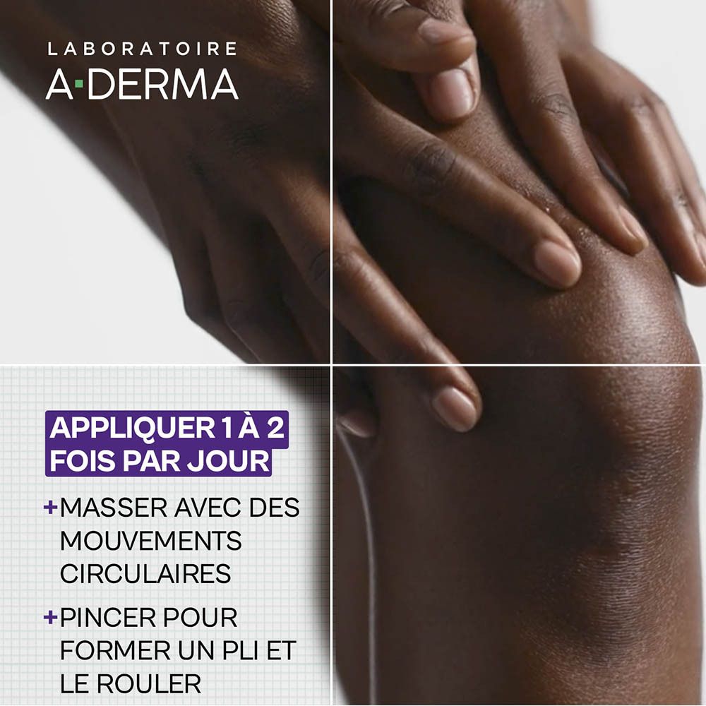 Gros plan sur mains massant les genoux. Texte: Appliquer 1 à 2 fois par jour.