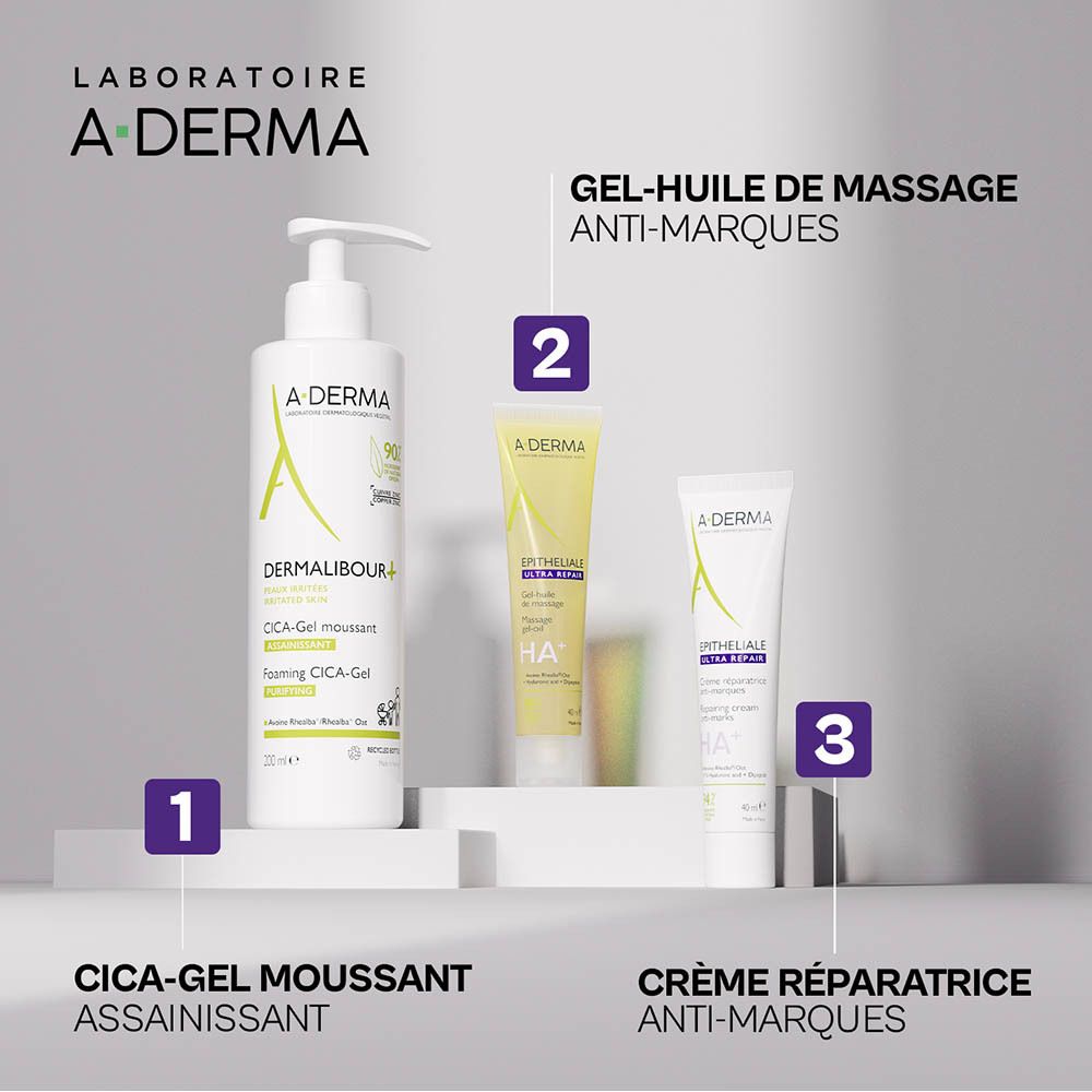 Trois produits A-DERMA. Texte: Gel-huile de massage, Anti-marques, Cica-gel moussant.