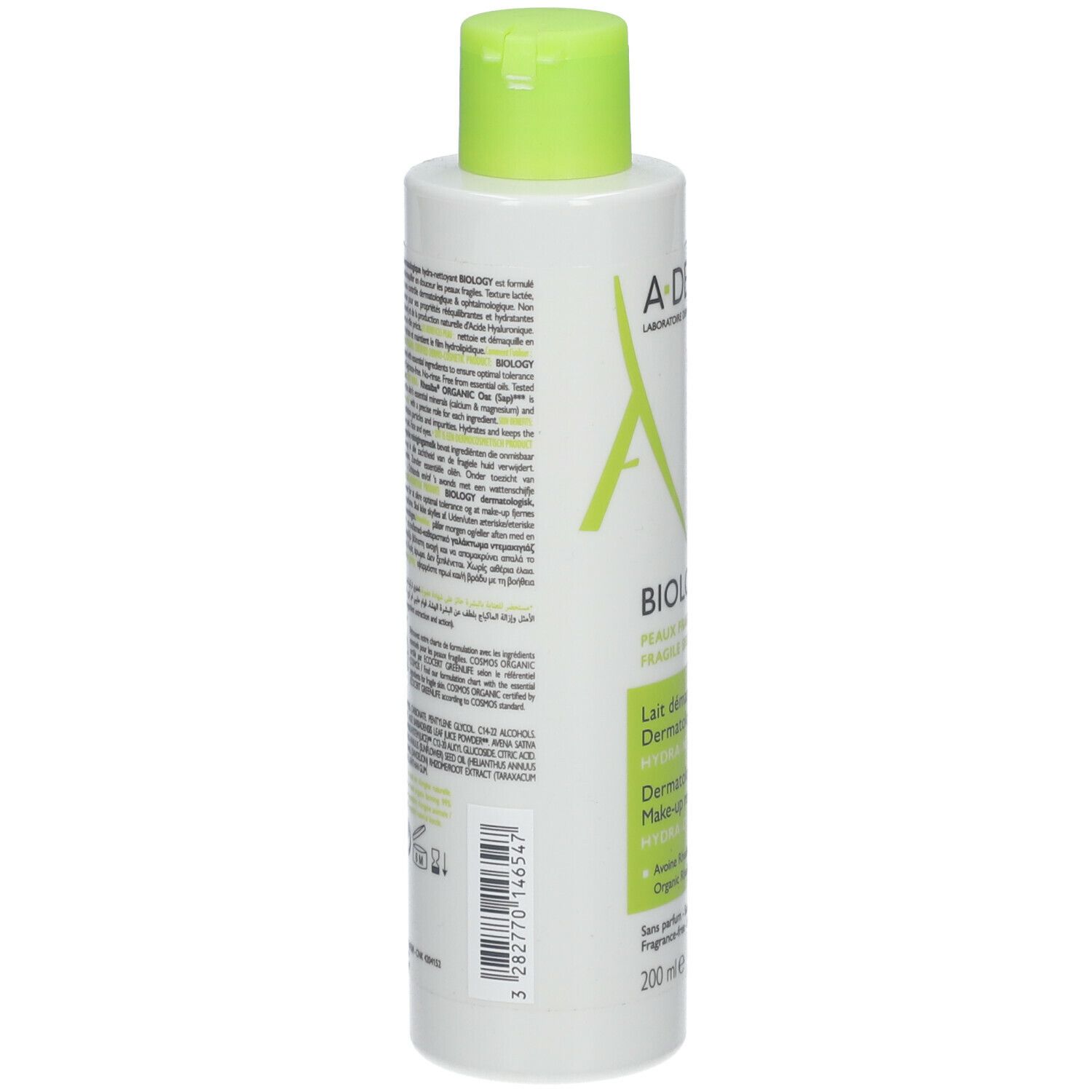 Fles met groene dop, achterkant. Meertalige tekst. Opschrift: A-DERMA, BIOLOGY, Lait démaquillant, Dermatological Make-up remover lotion. 200 ml.