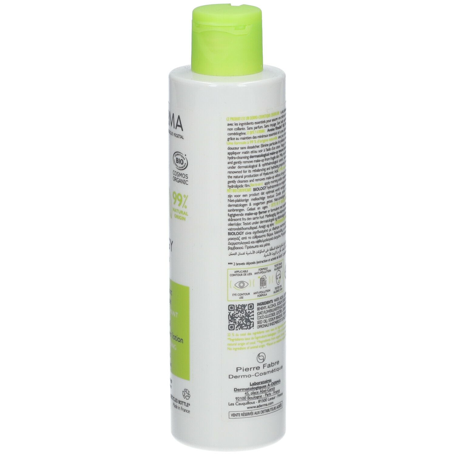 Fles met groene dop, achterkant. Meertalige tekst. Opschrift: A-DERMA, BIOLOGY, Lait démaquillant, Dermatological Make-up remover lotion. 200 ml.