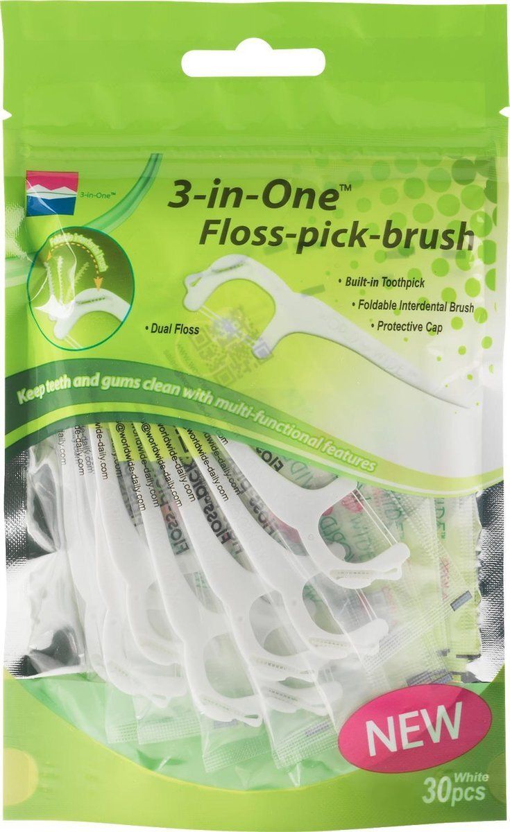 Verpakking met witte 3-in-1 Floss-pick-brush. Bevat 30 stuks. Opschrift: 3-in-One Floss-pick-brush, Dual Floss, Built-in Toothpick.