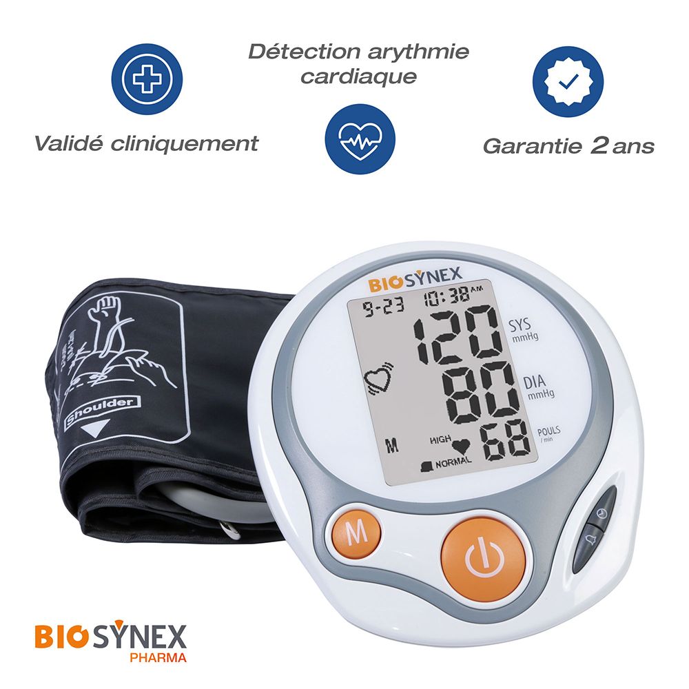 Tensiomètre bras BIOSYNEX avec brassard. Validé cliniquement, garantie 2 ans.