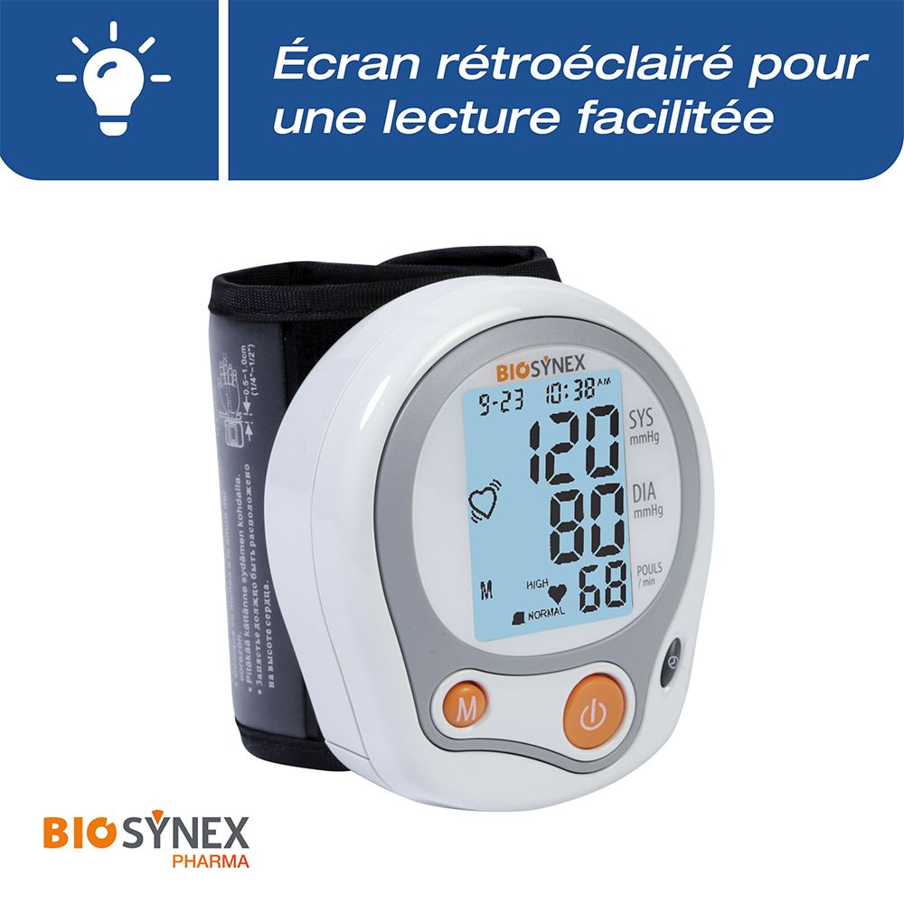 Tensiomètre bras BIOSYNEX avec écran rétroéclairé pour une lecture facile.