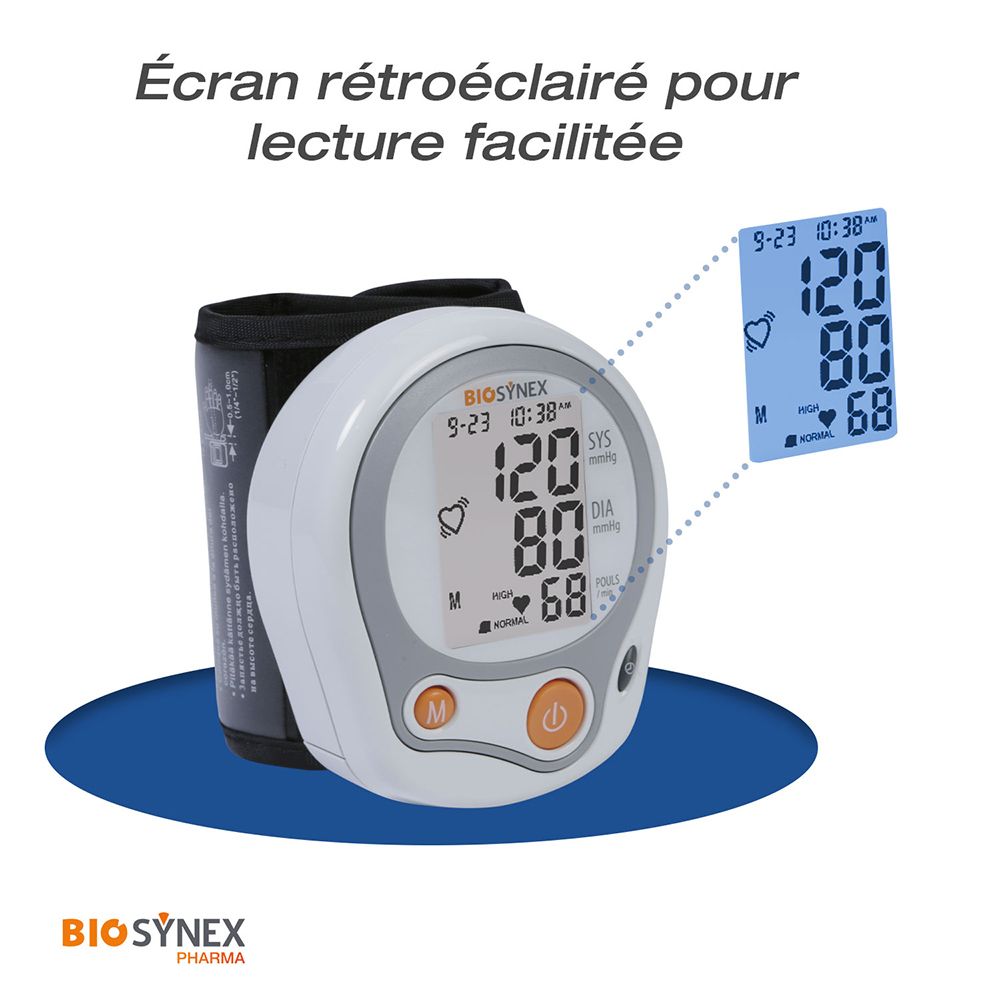 Biosynex pols bloeddrukmeter met verlicht display voor gemakkelijke afleesbaarheid. Toont datum, tijd en metingen.