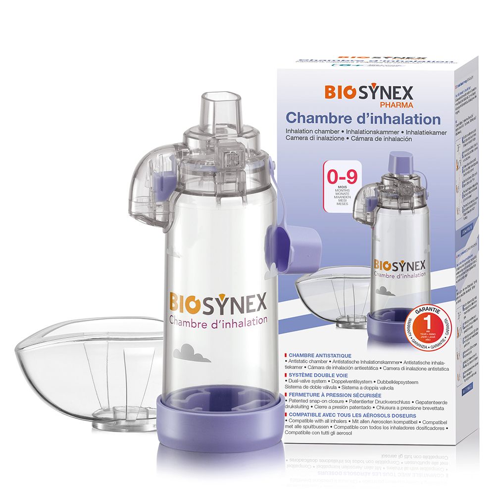 Biosynex inhalatiekamer met dosisaerosol en masker, voor kinderen van 0-9 maanden.