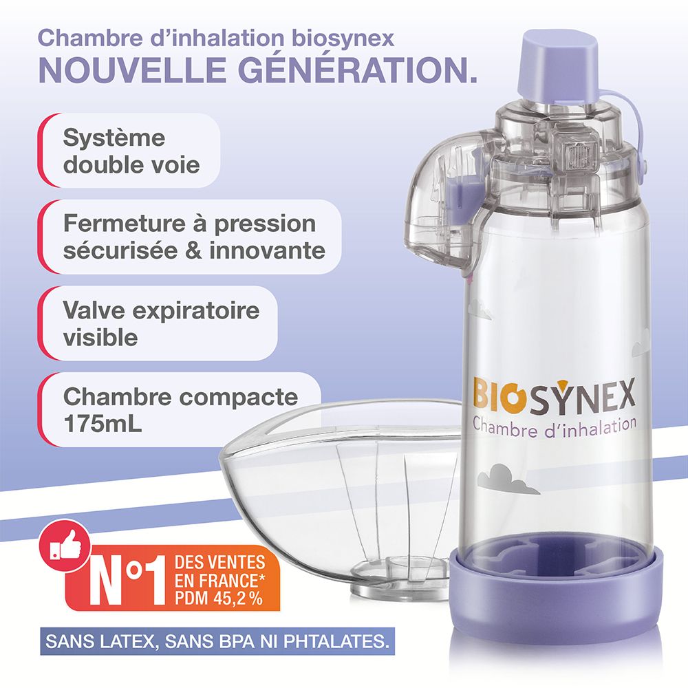 Biosynex inhalatiekamer met kenmerken: dubbel luchtstroomsysteem, druksluiting, uitademventiel, 175ml kamer.