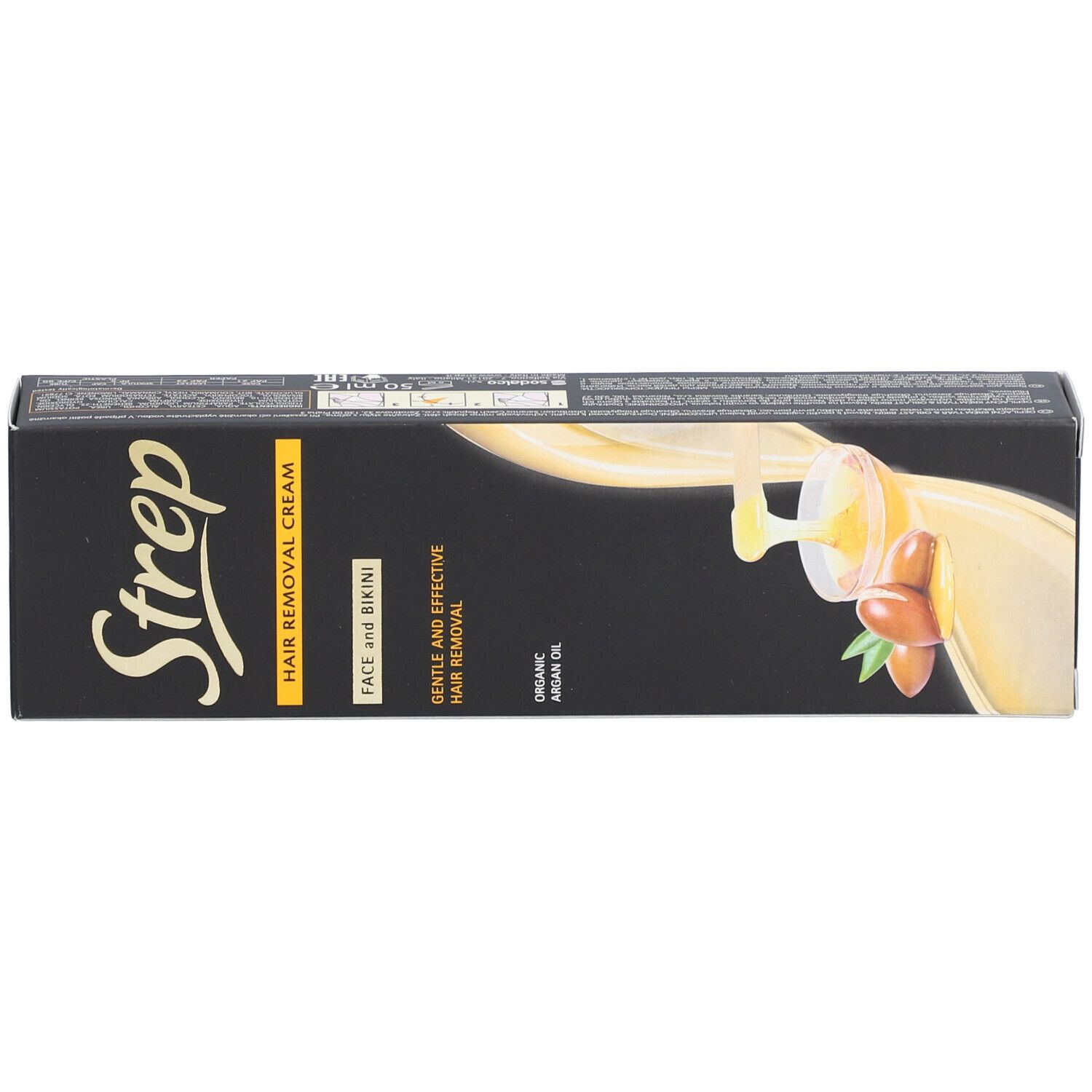 Boîte de crème dépilatoire. Boîte noire avec logo STREP et informations sur le produit. Contient de l'huile d'argan.
