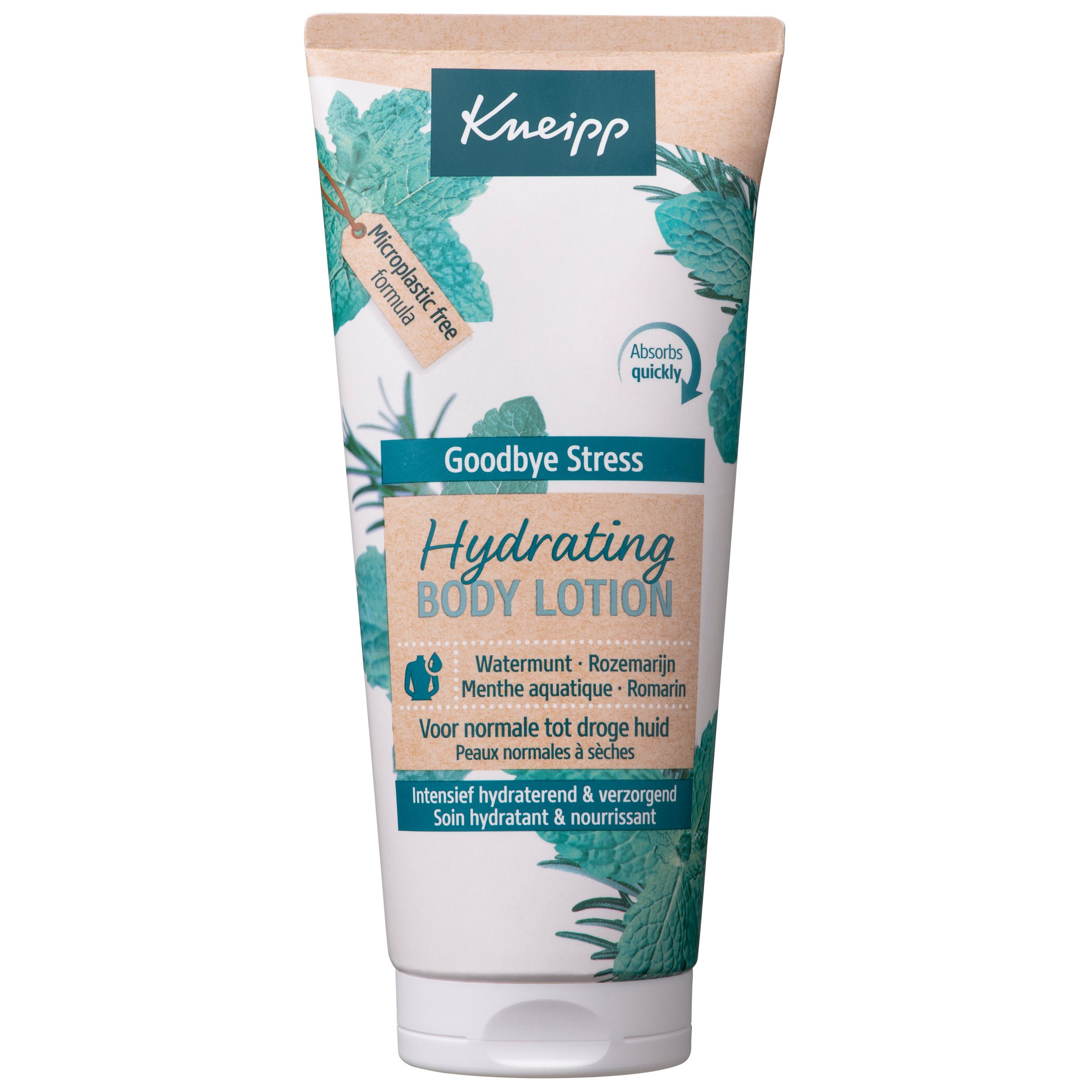 Achterkant van de Kneipp® bodylotion tube. Tekst in het Duits en Frans, ingrediënten en merkinformatie. Vegan keurmerk.