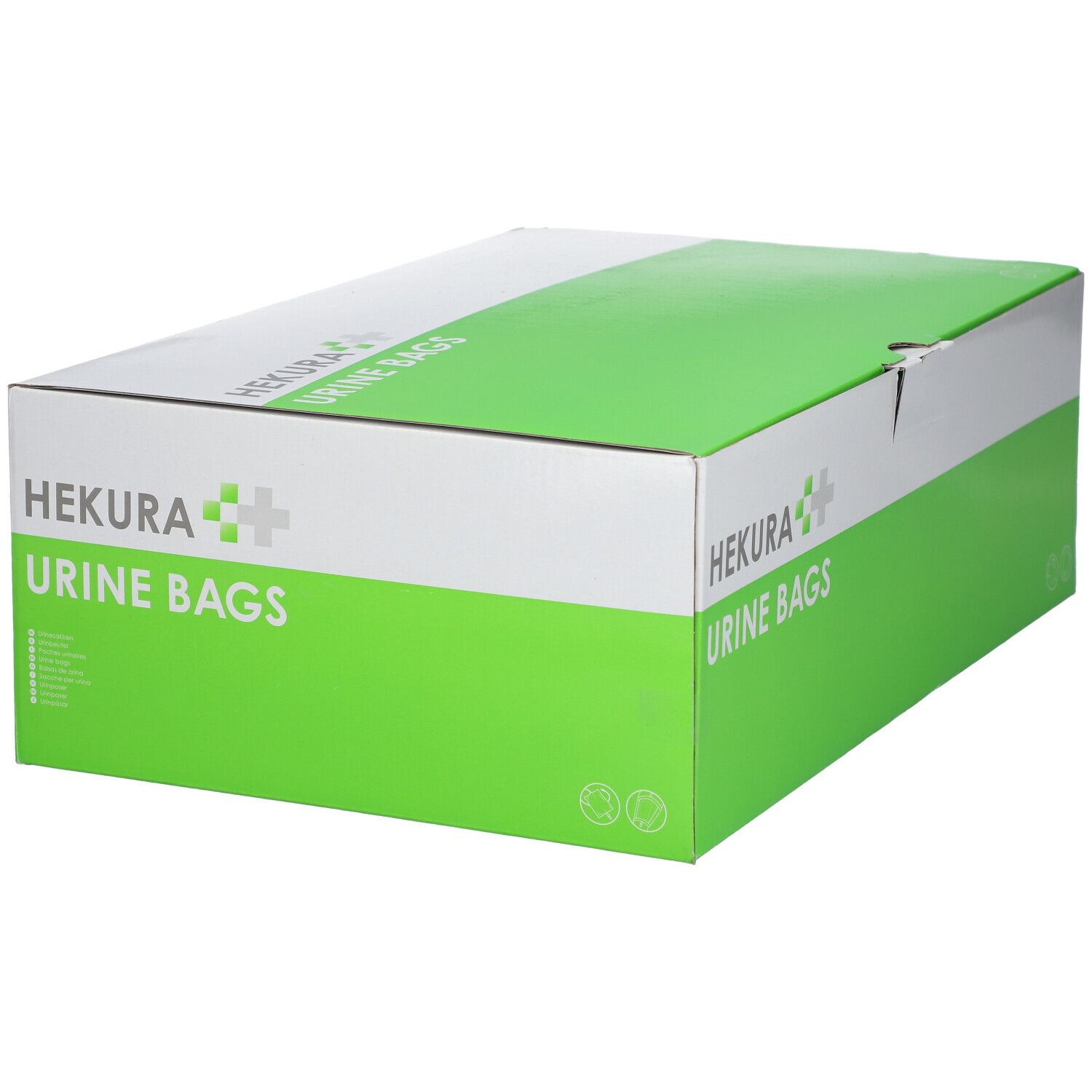 Boîte de sacs urinaires HEKURA. Emballage blanc et vert avec nom et logo du produit. Vue en angle.