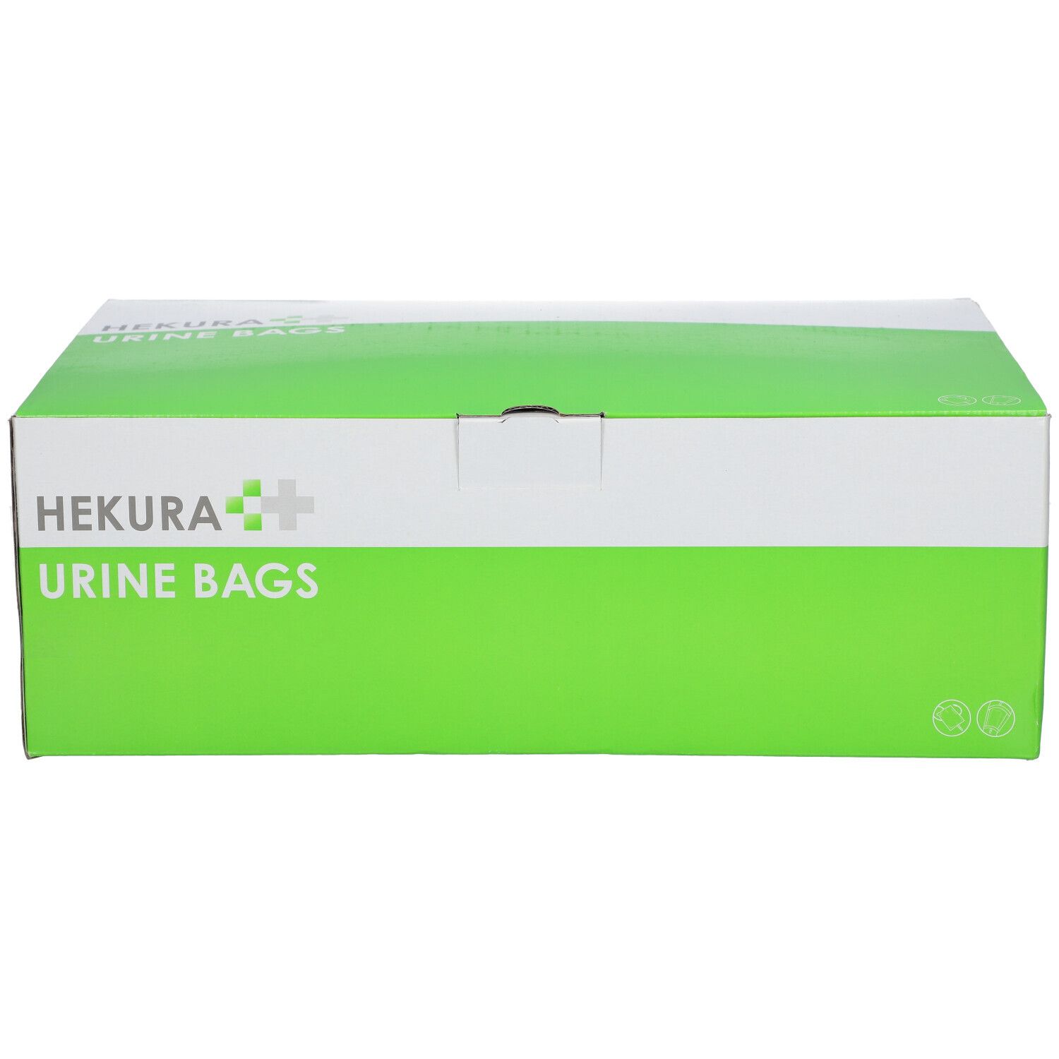 Boîte de sacs urinaires HEKURA. Emballage blanc et vert avec nom et logo du produit. Vue de face.