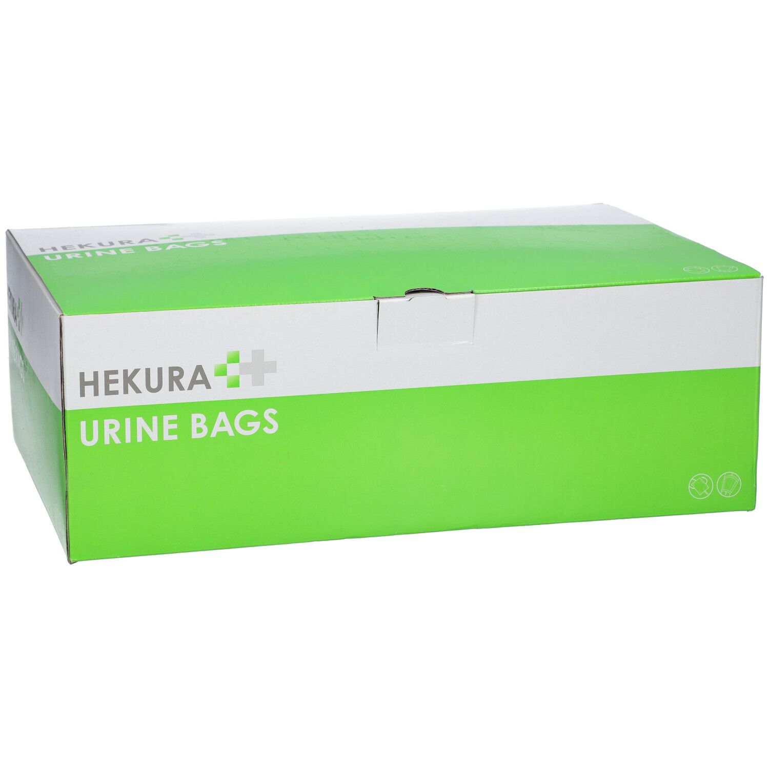 Boîte de sacs urinaires HEKURA. Emballage blanc et vert avec nom et logo du produit. Vue en angle.