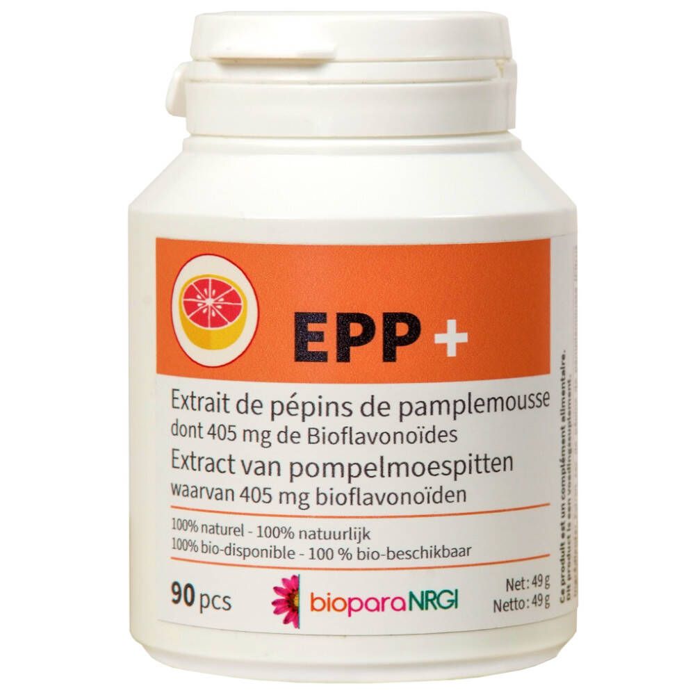 Witte pillenpot met oranje etiket. Opschrift: EPP+, extract van pompelmoespit, 90 stuks, bioparaNRGi.