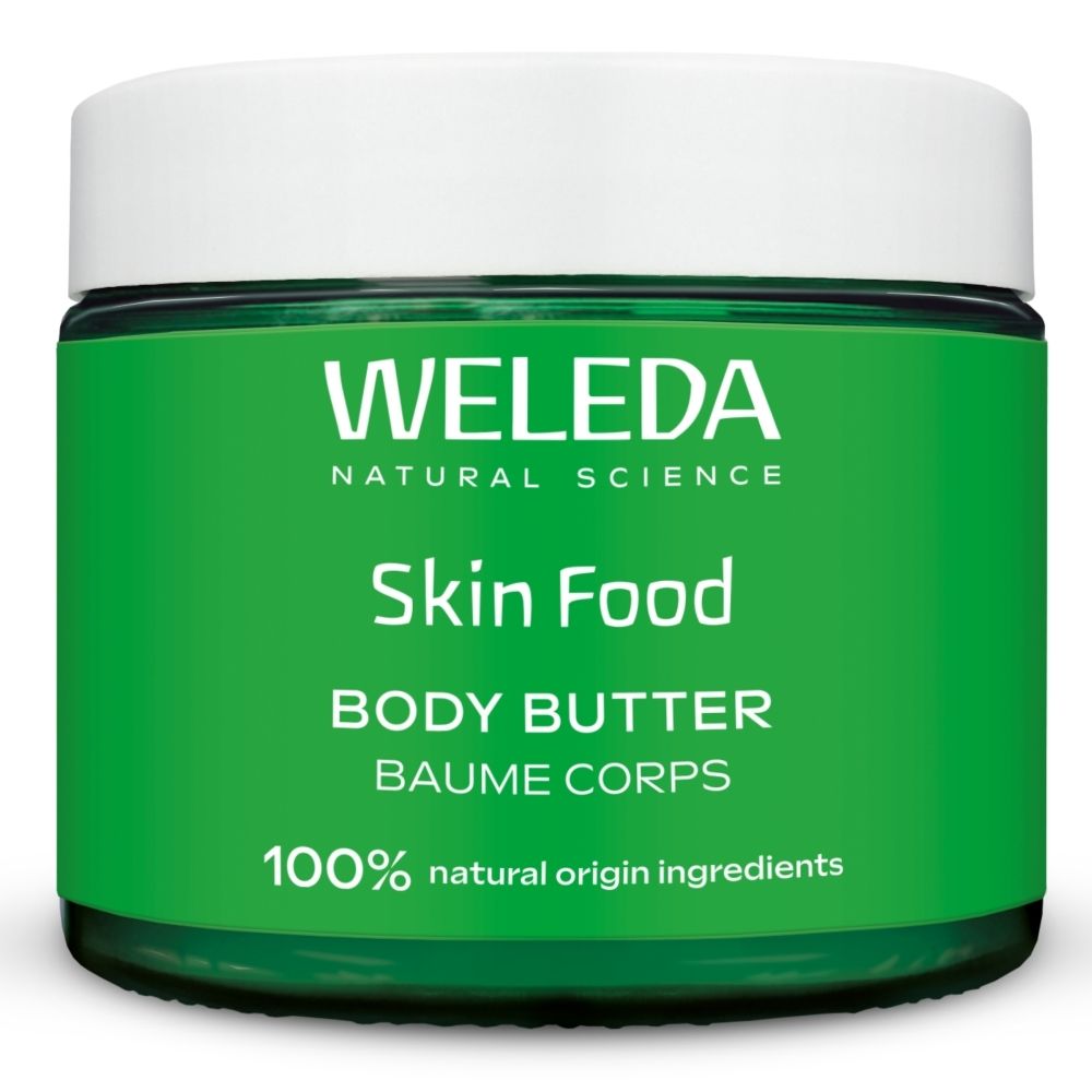 Weleda Skin Food Body Butter dans un pot vert avec un couvercle blanc.