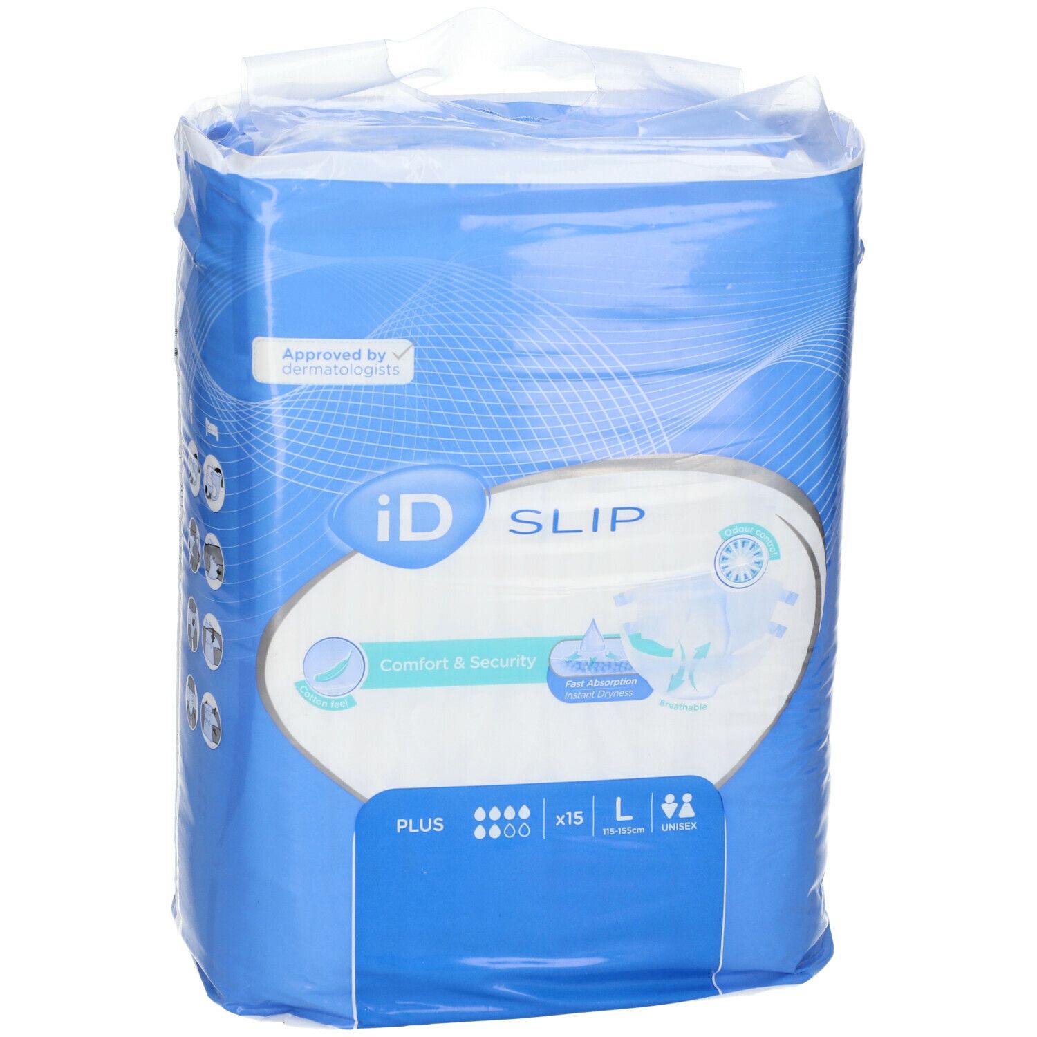 Paquet de iD Slip Comfort & Security Plus Large. Vue de face avec caractéristiques. Bleu et blanc.