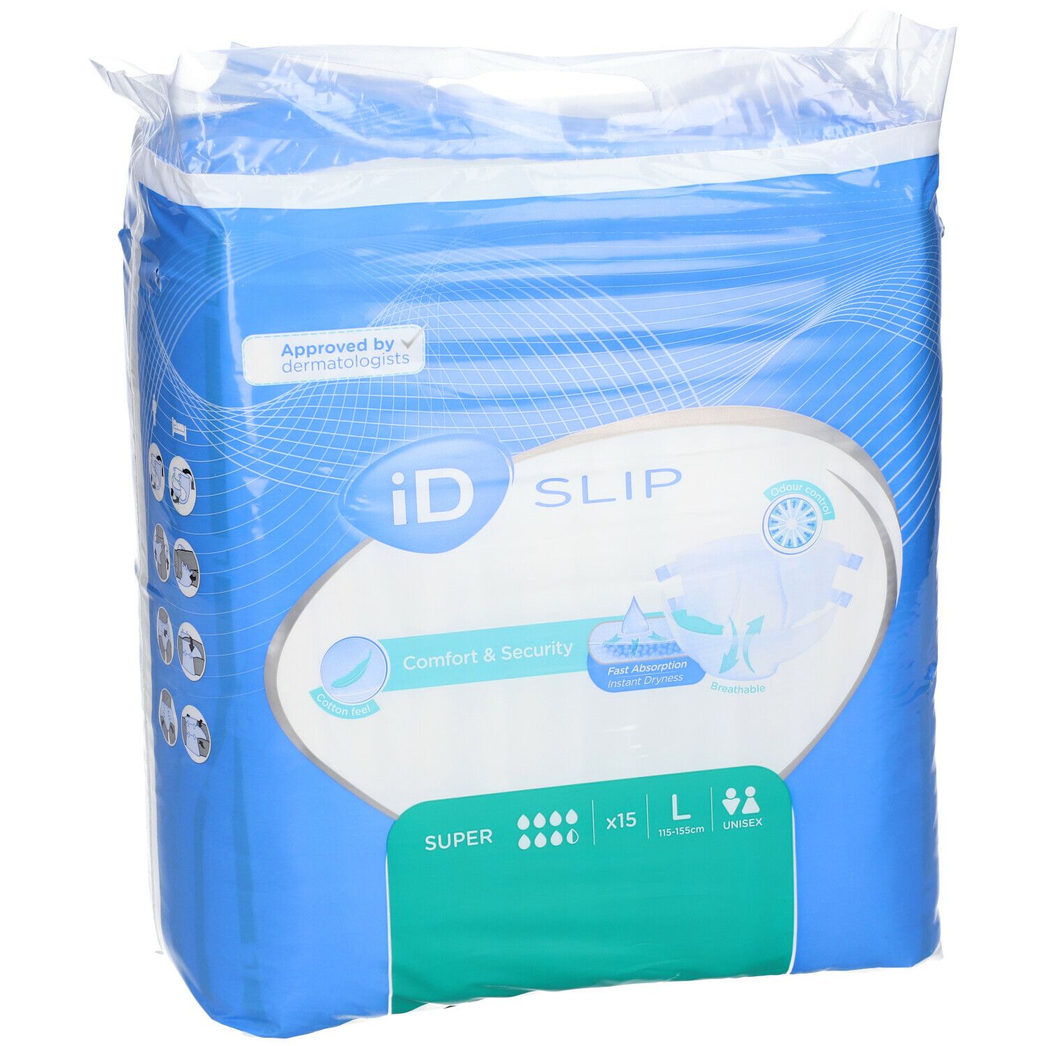Emballage iD Slip. Bleu, avec image du produit et texte. 'Comfort & Security', 'Super', taille L, 15 pièces. Testé dermatologiquement.