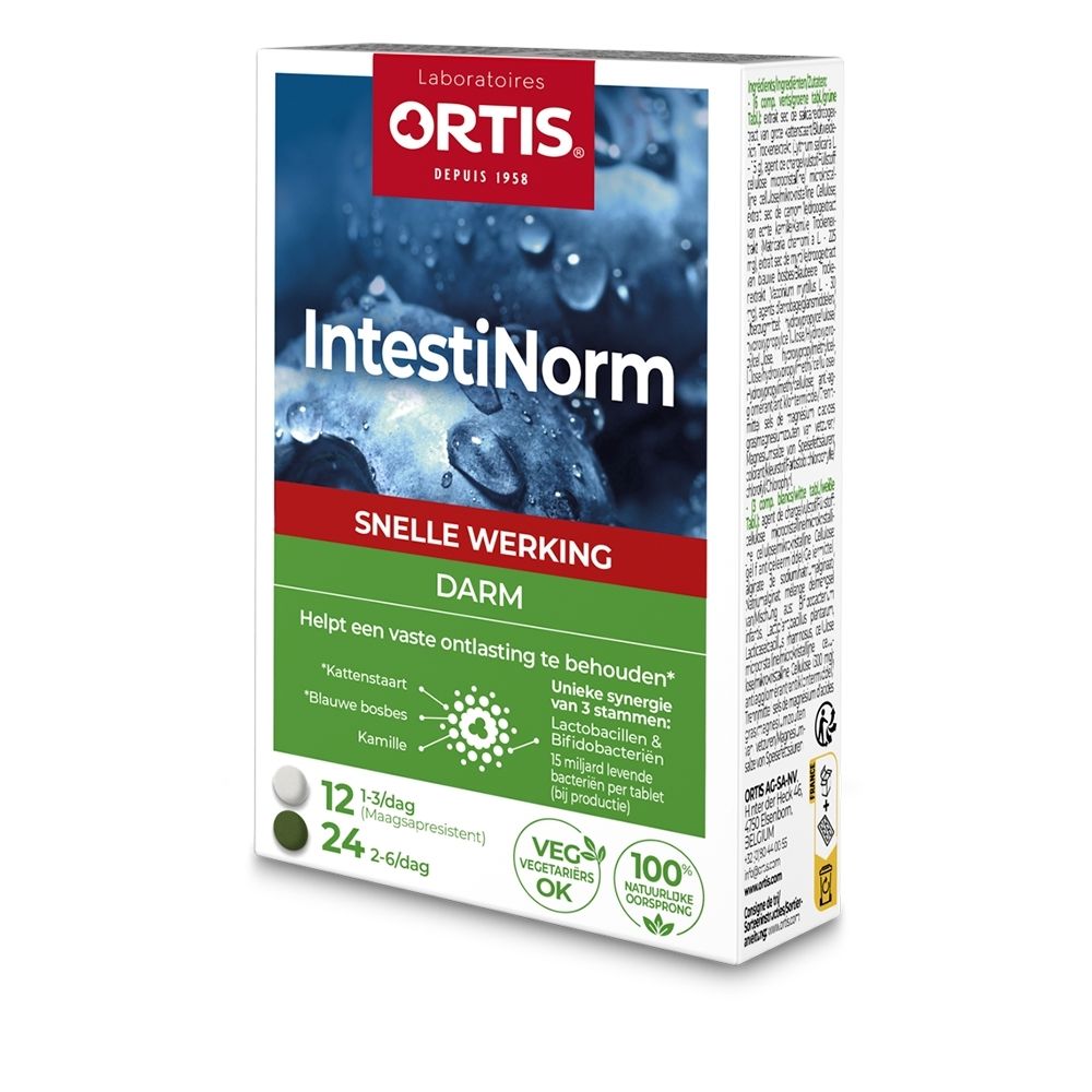 ORTIS IntestiNorm verpakking, Nederlandse belettering, focus op darmfunctie.