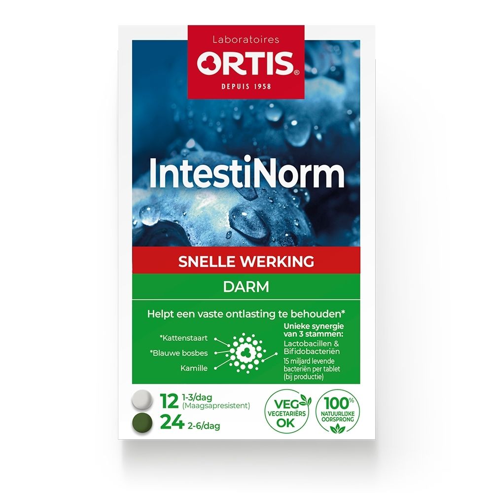 ORTIS IntestiNorm verpakking, voorkant in het Nederlands, focus op snelle darmwerking.