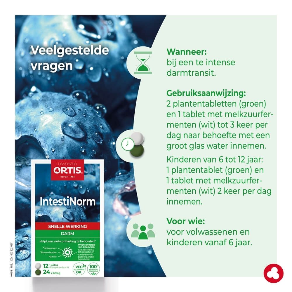 ORTIS IntestiNorm verpakking, Nederlandse belettering, met illustraties van oorzaken van darmproblemen.