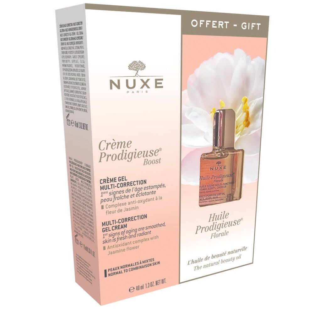 NUXE cadeauverpakking met logo en productnamen. Bevat crème gel en olie. Roze en wit design.