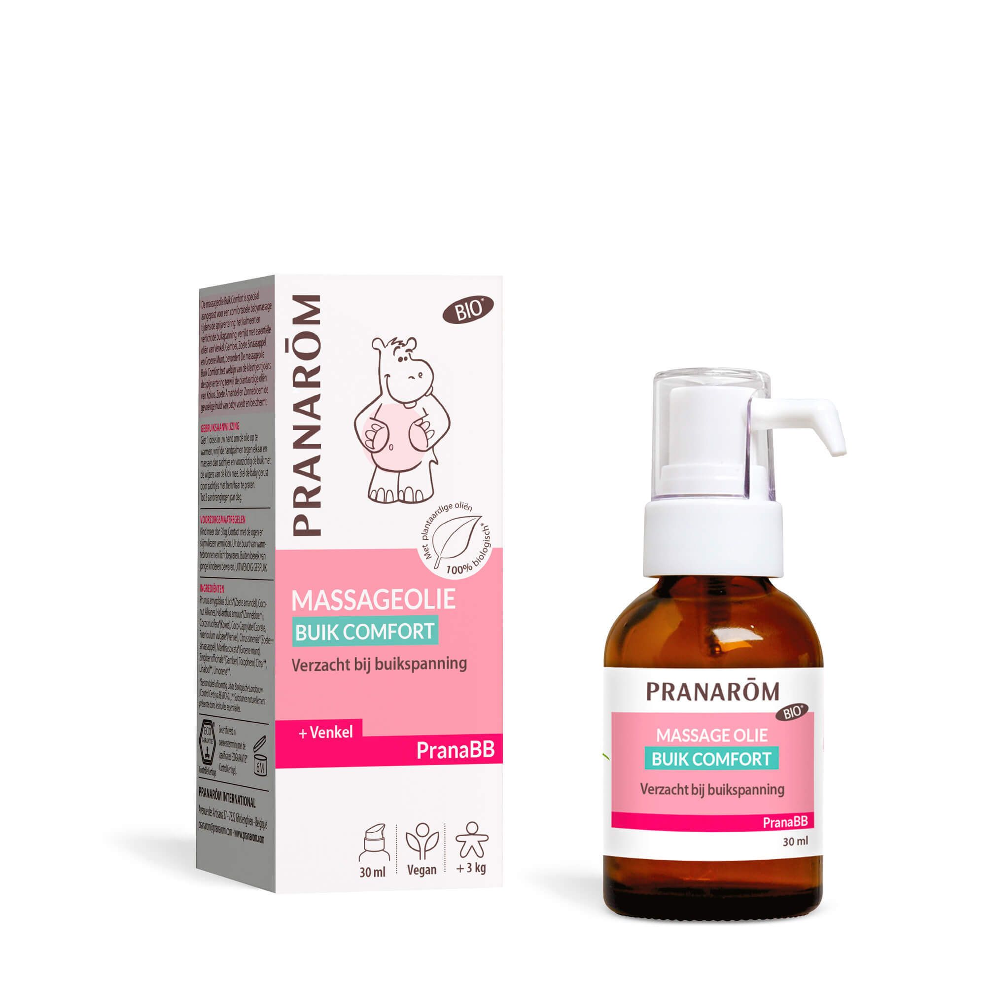 Fles met witte pomp en etiket. Daarnaast een productverpakking.