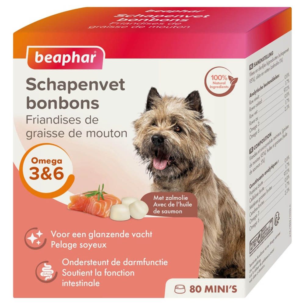 Beaphar Schapenvet bonbons verpakking. Bevat 80 Mini's. Toont hond, zalm en tabletten. Met Omega 3&6.