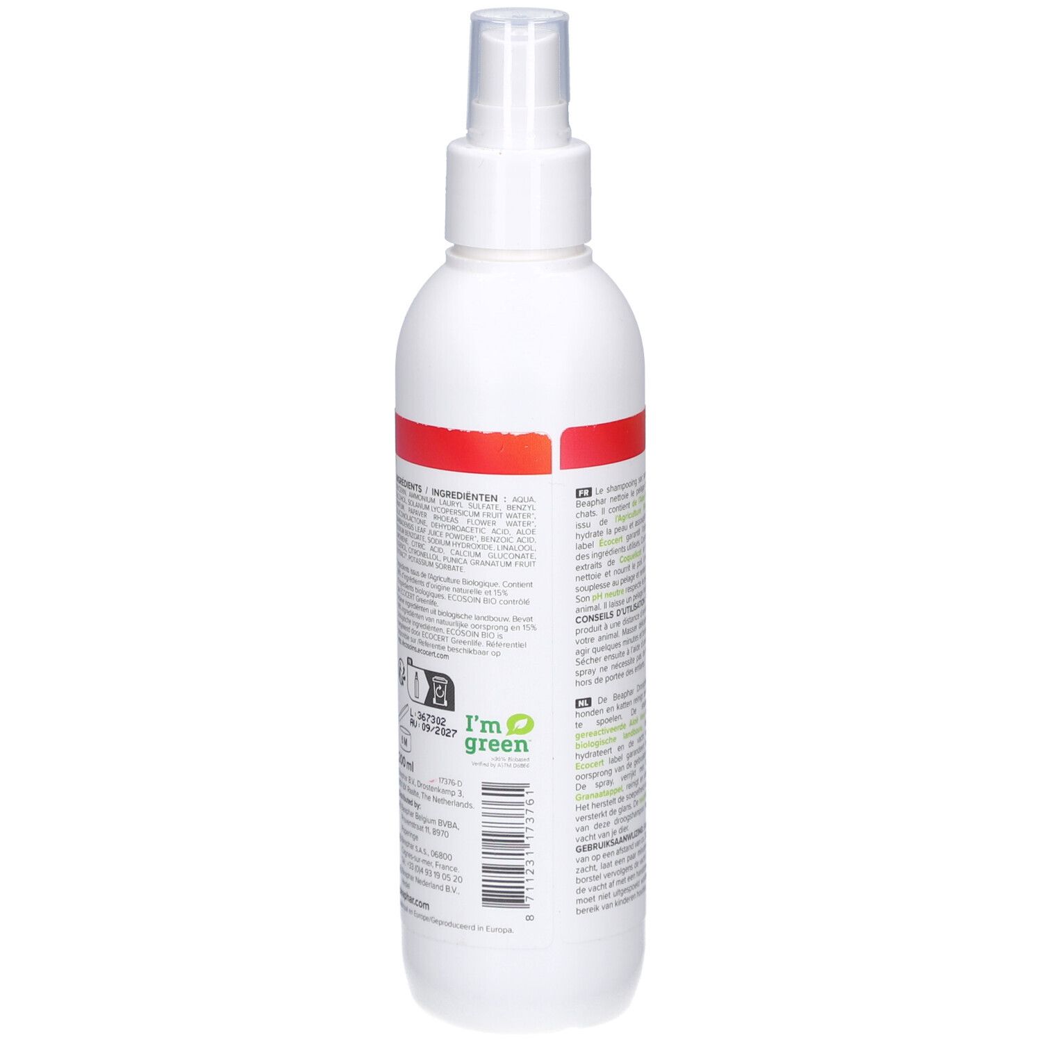 Flacon spray blanc, vue arrière. Texte en plusieurs langues. Contient des informations sur les ingrédients et les certifications.