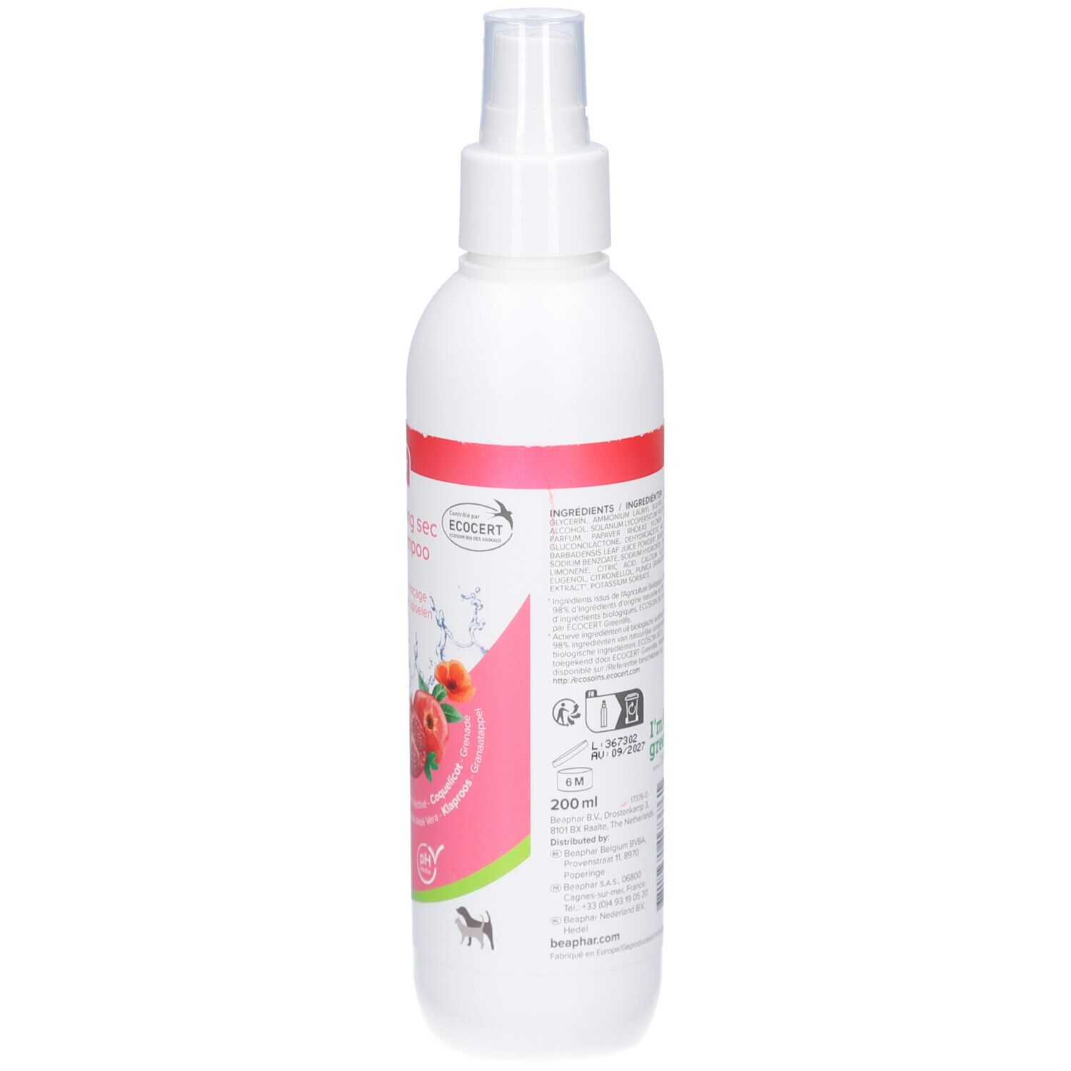 Flacon spray blanc, vue arrière. Texte en plusieurs langues. Contient des informations sur les ingrédients, les certifications et le volume : 200 ml.