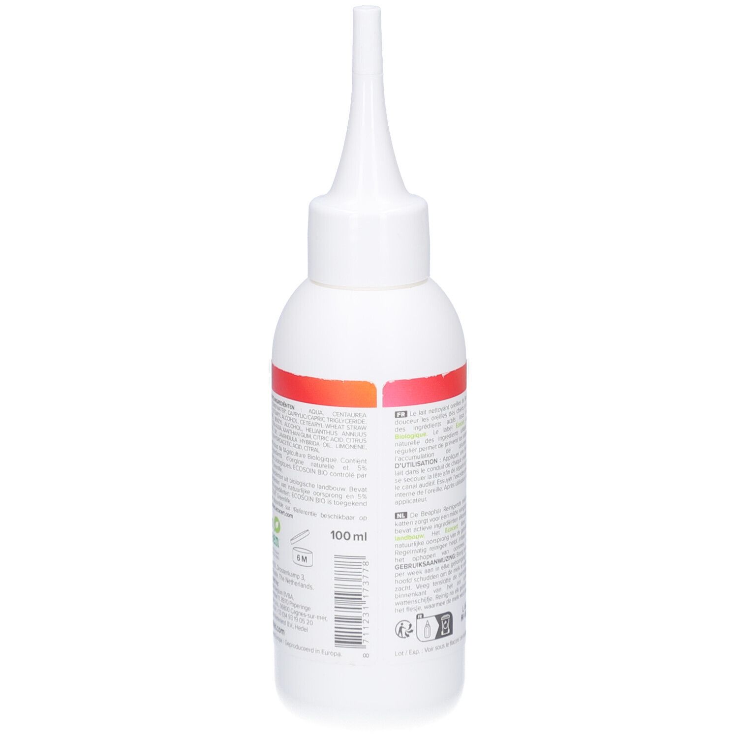 Witte fles met puntige applicator. Achterkant met tekst en 100 ml indicatie. Merk: Beaphar.