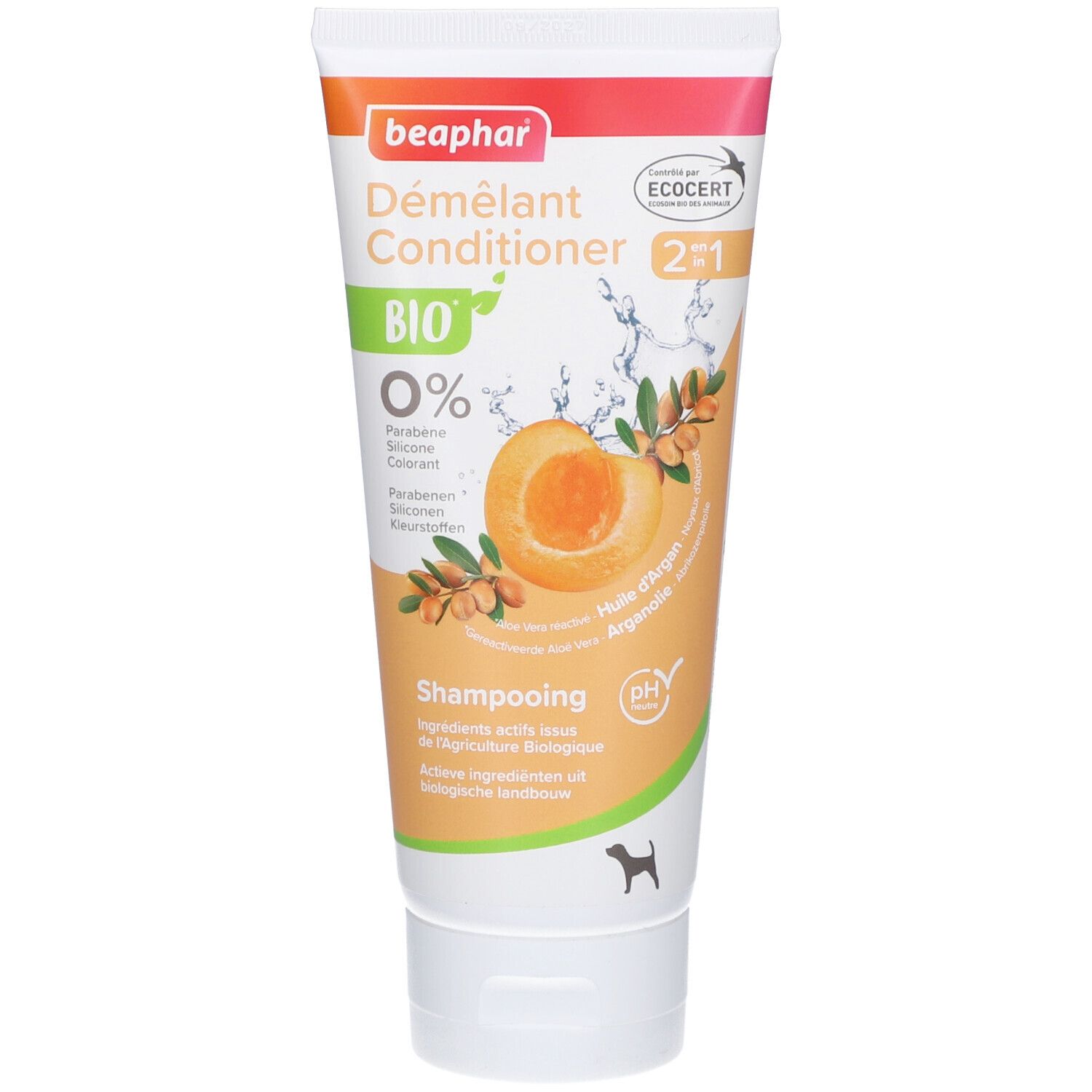 Wit-oranje tube met opdruk. Bevat Beaphar-logo, productnaam, Bio-certificering en afbeelding van abrikoos.