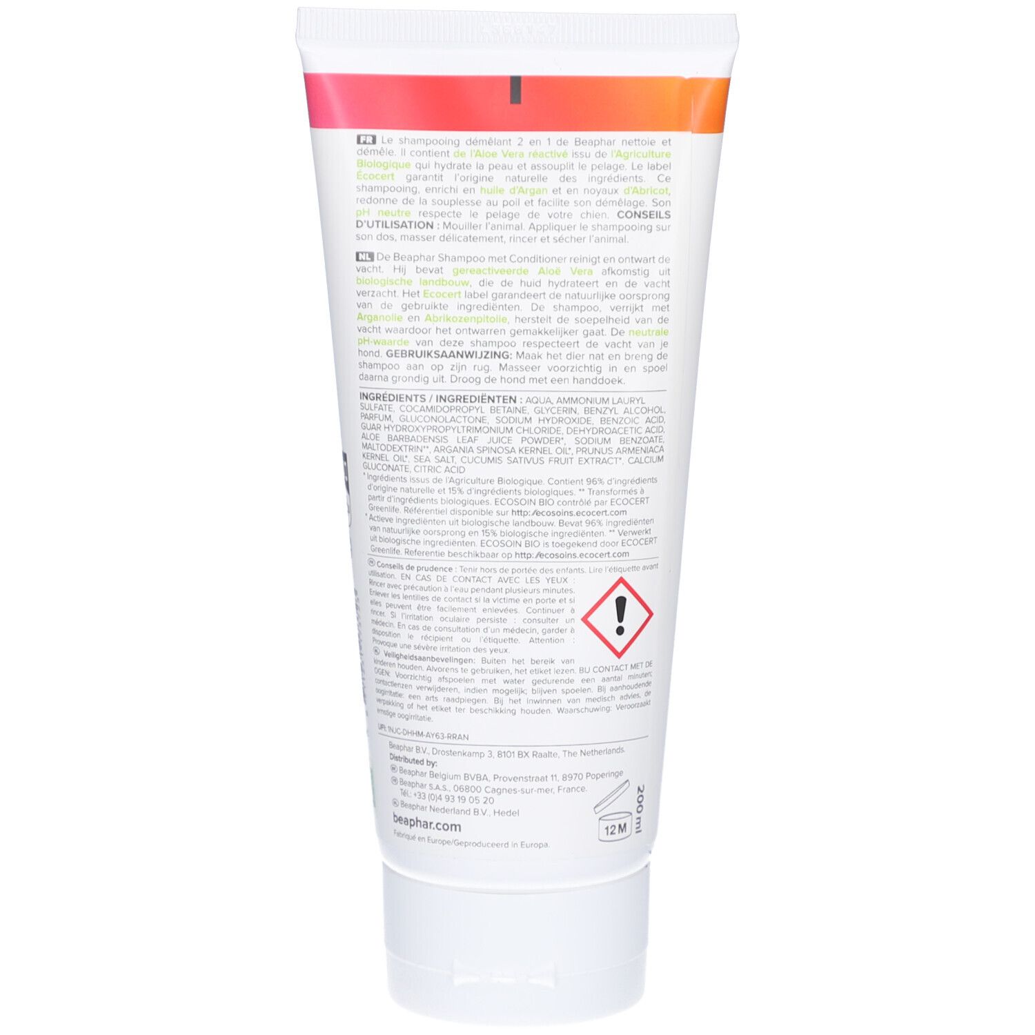 Achterkant van de tube. Tekst in meerdere talen, ingrediënten, waarschuwing en fabrikantinfo.