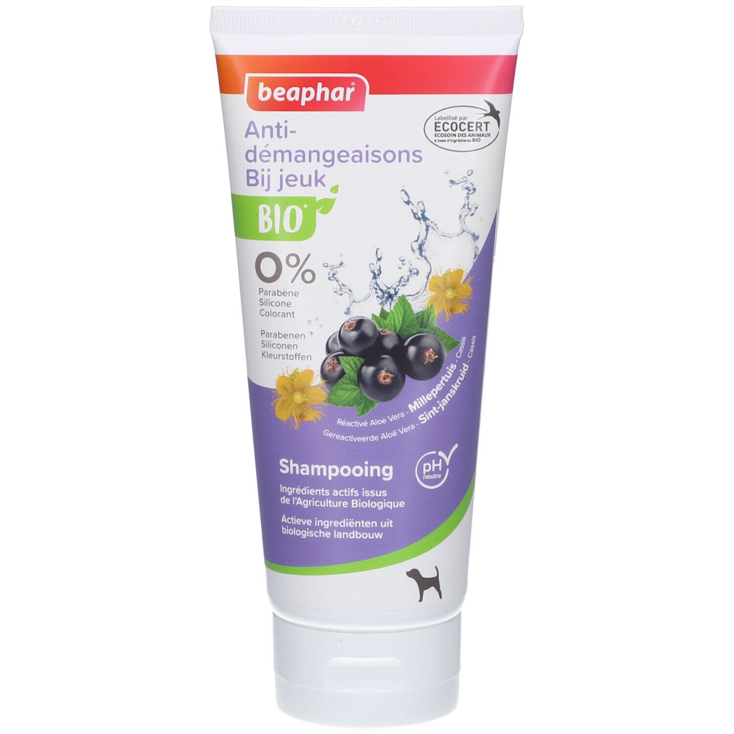 Beaphar Bio Shampooing tube. Illustratie van fruit en bloemen. Tekst en logo. ECOCERT-certificering. pH neutraal.