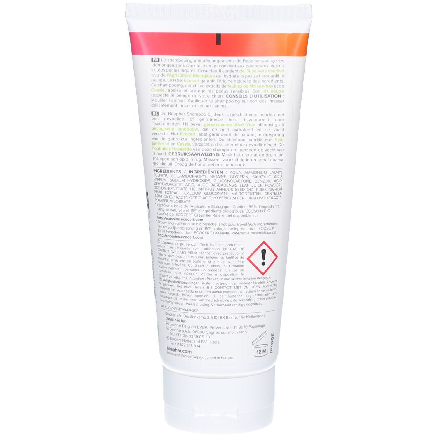 Achterkant van de tube. Meertalige tekst. Ingrediënten en waarschuwingen. Logo en contactgegevens.