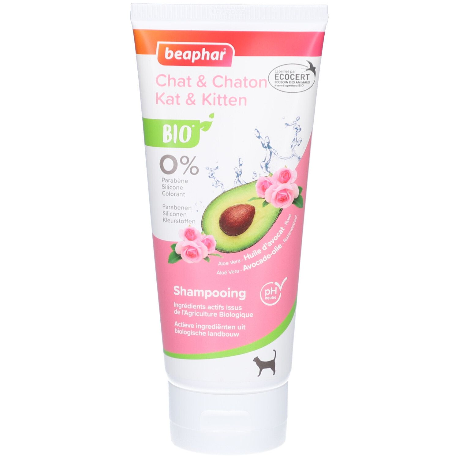 Tube shampoo voor katten en kittens, met avocado en rozen. BIO-certificering. pH neutraal.