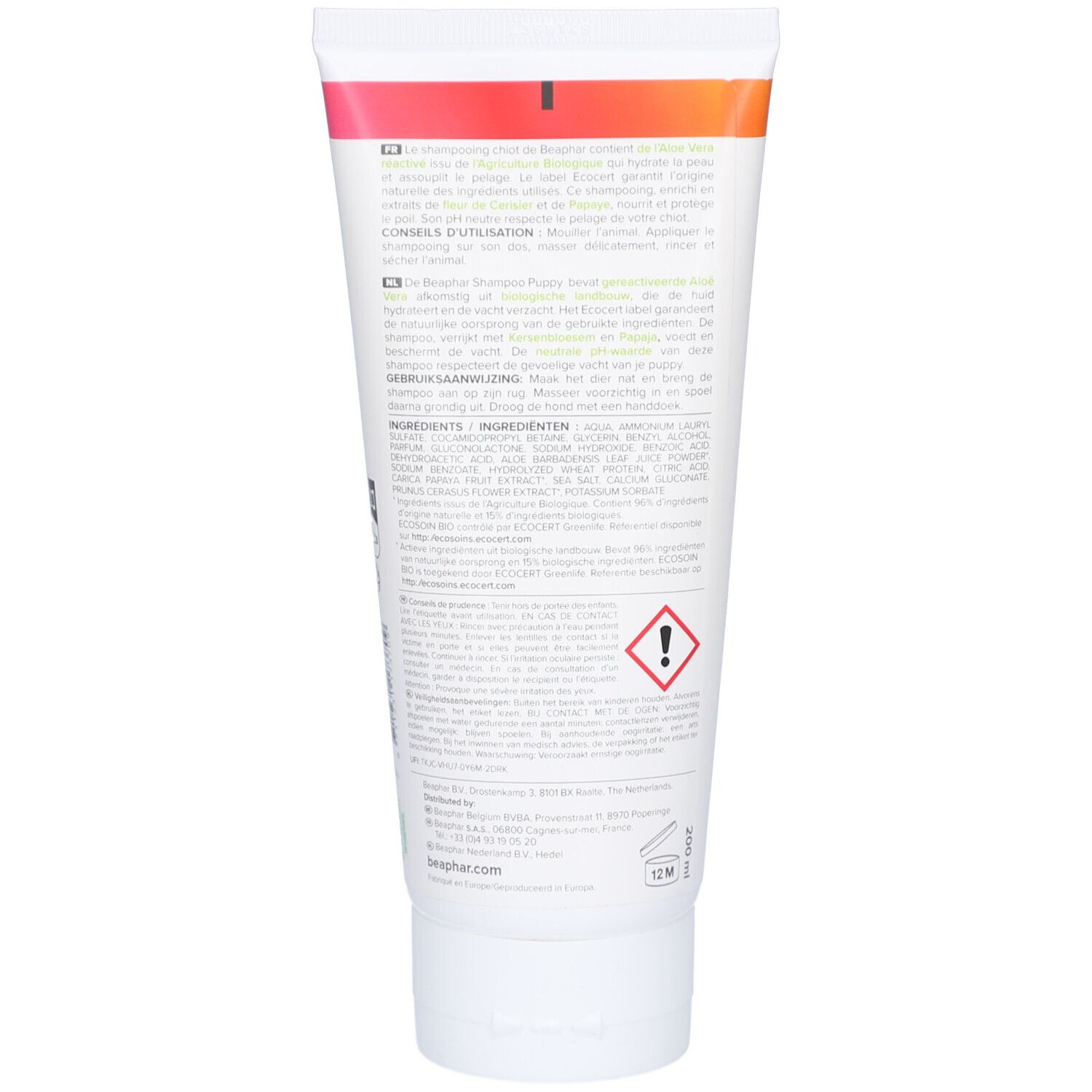 Dos du tube avec texte et ingrédients. Symbole d'avertissement et marquage 12M.