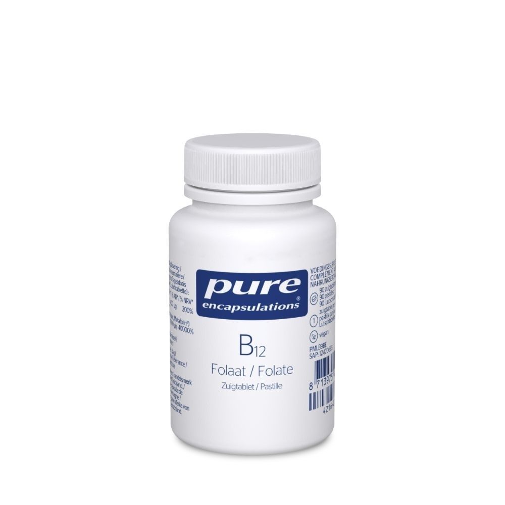 Witte fles pure encapsulations® B12 Folate. Opschrift: B12 Folate/Folate, zuigtabletten. Dop met zegel.