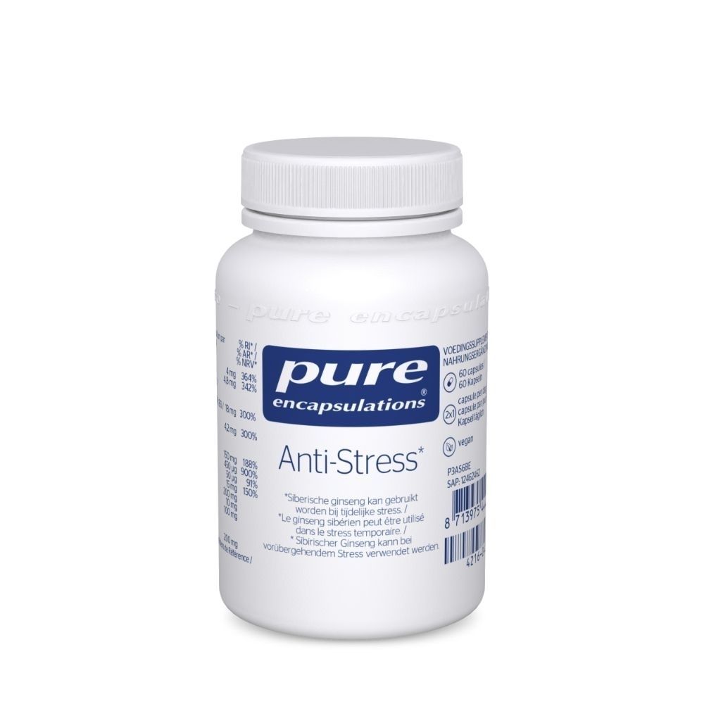 Witte fles met blauw etiket. Opschrift: Pure Encapsulations Anti-Stress Pure 365. Bevat capsules.