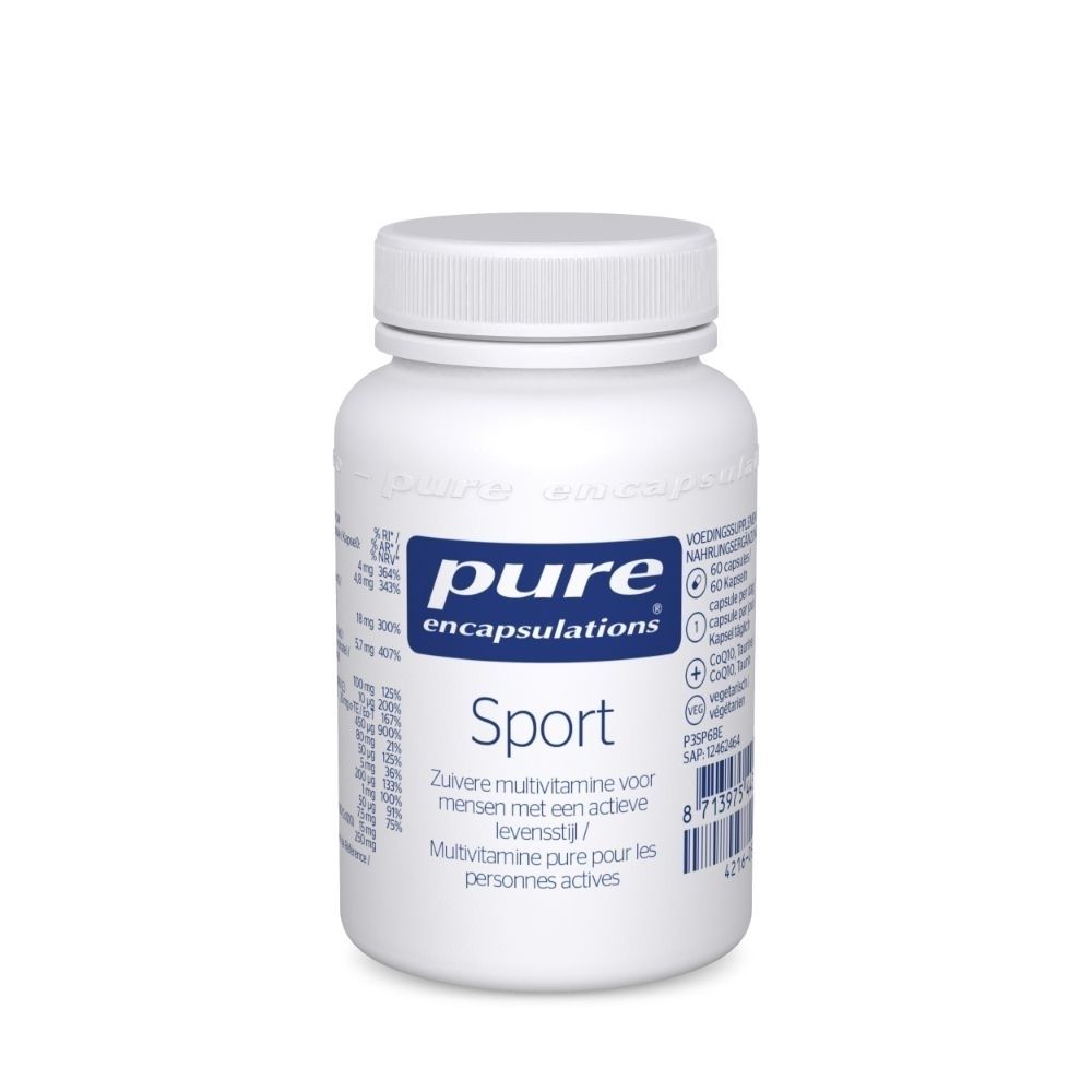 Witte fles met blauw etiket. Opschrift: pure encapsulations Sport. Nederlandse beschrijving.