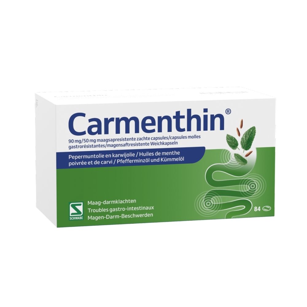 Verpakking Carmextractin met 84 capsules, voor maag-darmklachten.