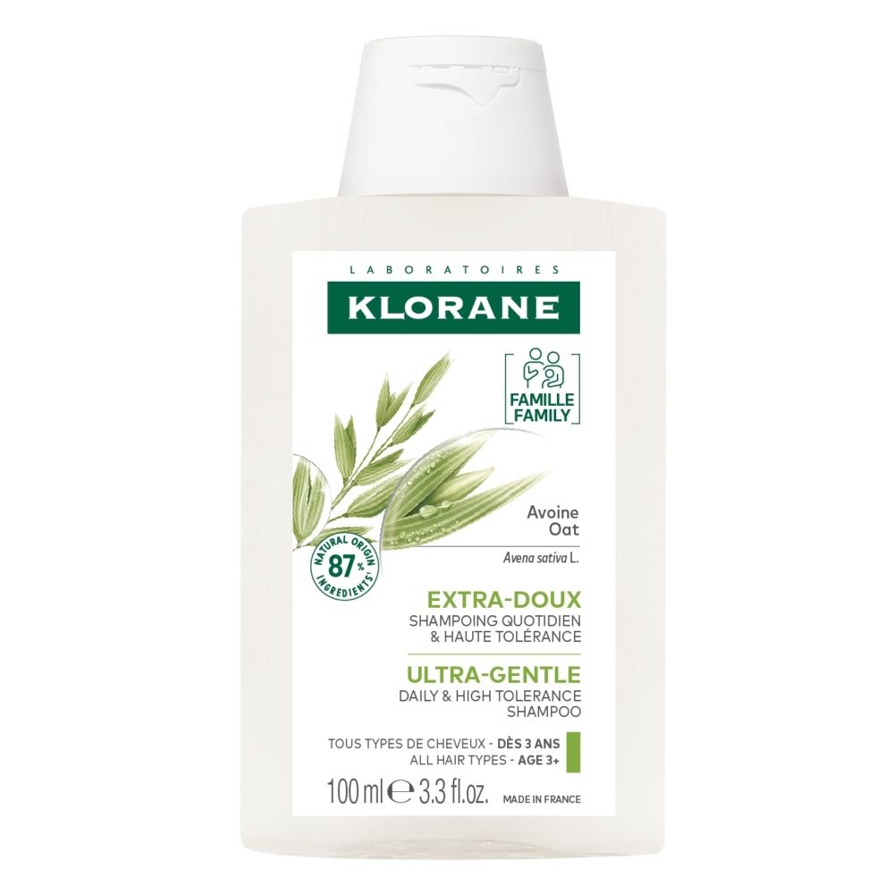 Klorane Havershampoo fles, klapdeksel, haveraren, "87% natuurlijke ingrediënten".