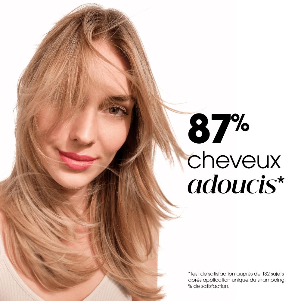 Femme aux cheveux blonds et lisses, avec le texte "87% cheveux adoucis".