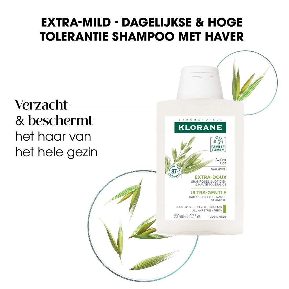 Klorane Havershampoo fles, klapdeksel, haveraren, "87% natuurlijke ingrediënten".