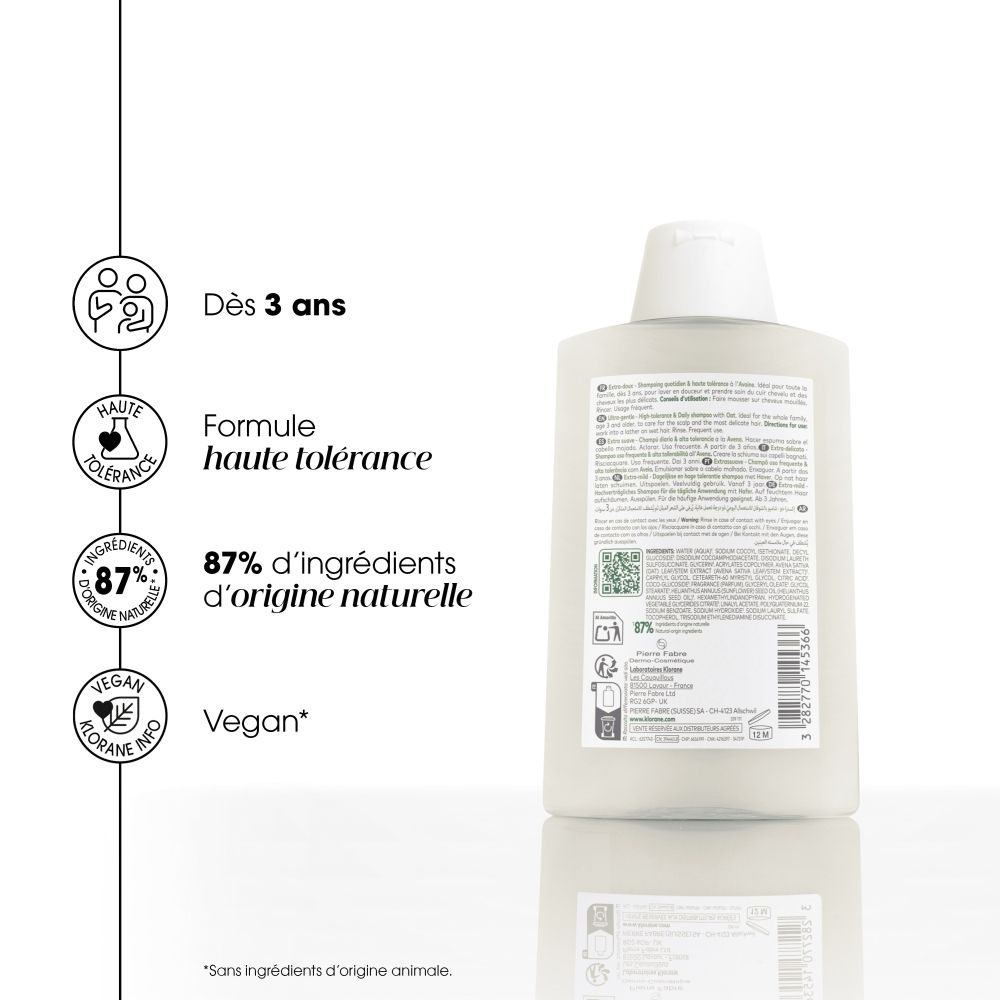 Flacon Klorane shampooing à l'avoine, bouchon rabattable, épis d'avoine, "87% d'ingrédients naturels".