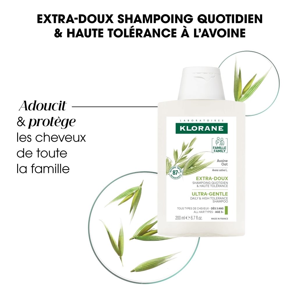 KLORANE Shampoo Ultra-Doux à l'Avoine BIO, 200ml. 87% d'ingrédients d'origine naturelle. Fabriqué in France.