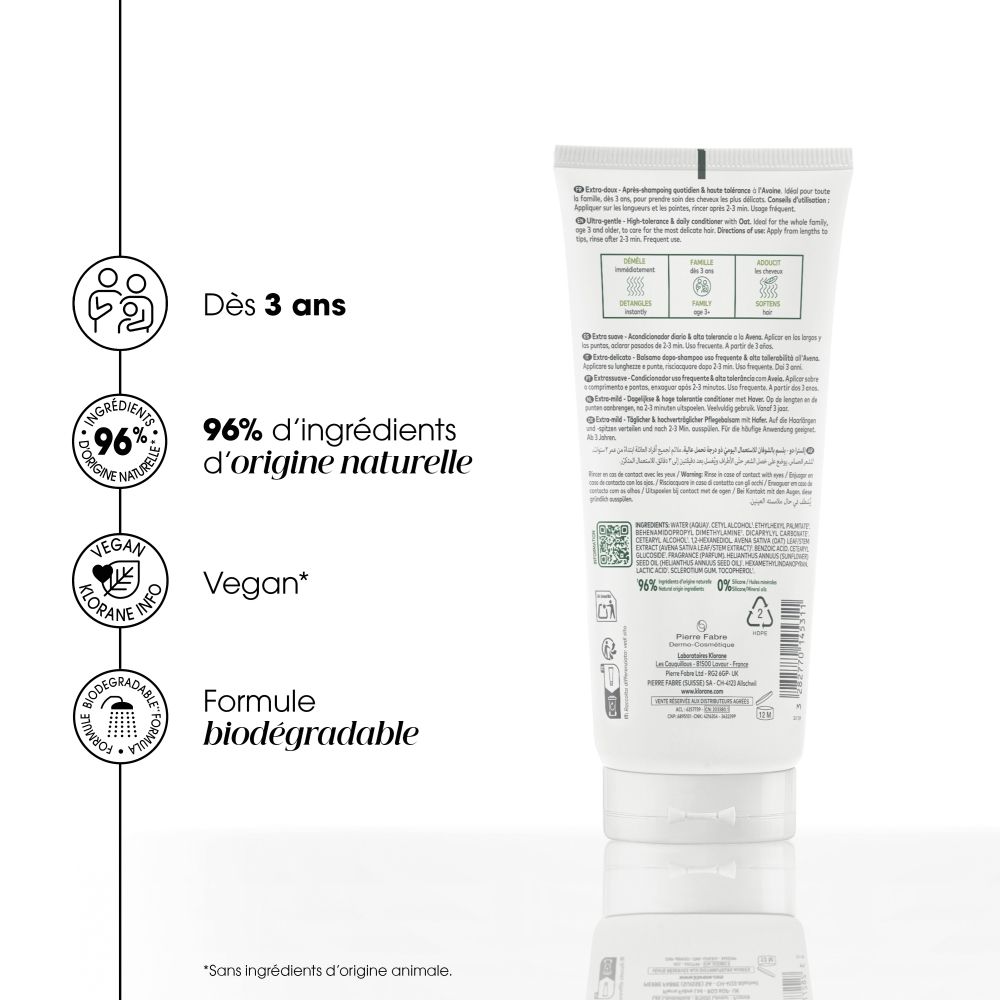 Tube de soin KLORANE à l'avoine avec motif d'avoine, 96% d'ingrédients naturels, vegan, biodégradable.