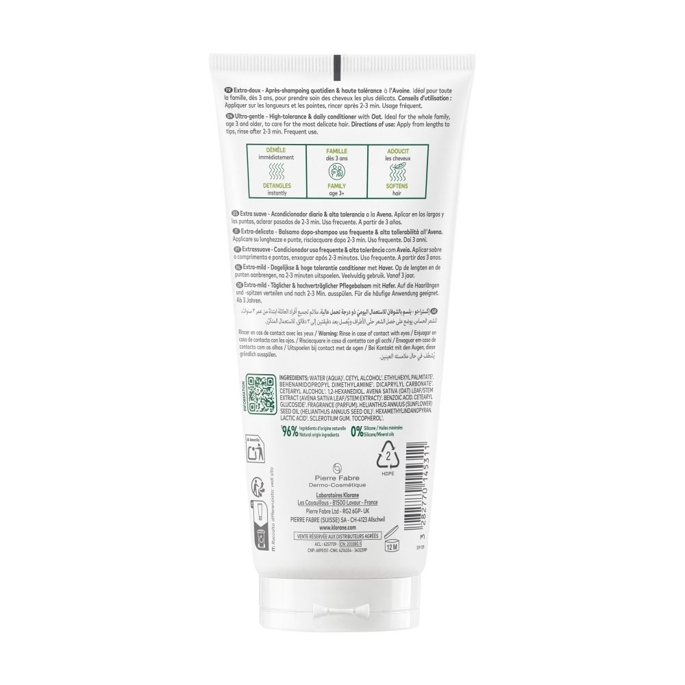 Tube blanc Klorane baume à l'avoine, face avant avec motif d'épis, informations produit et indication 200ml.