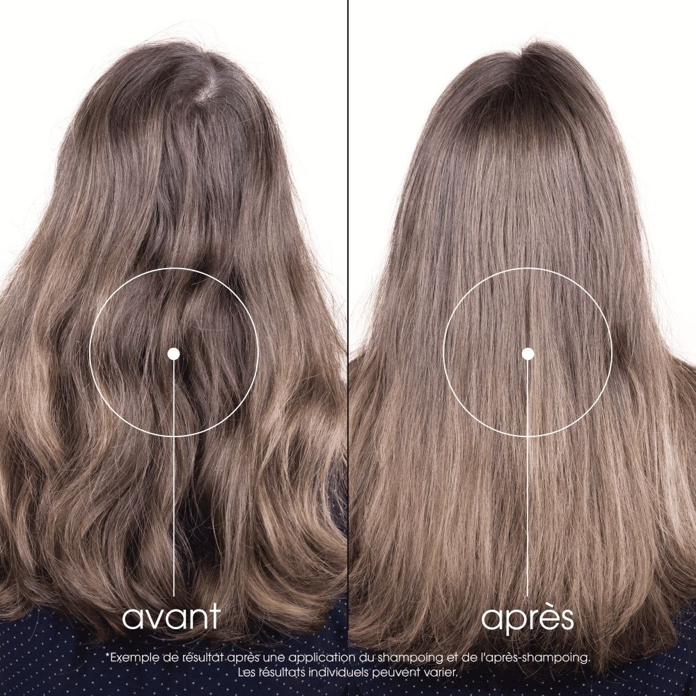 Femme aux longs cheveux blonds, flottant au vent, avec texte en français.