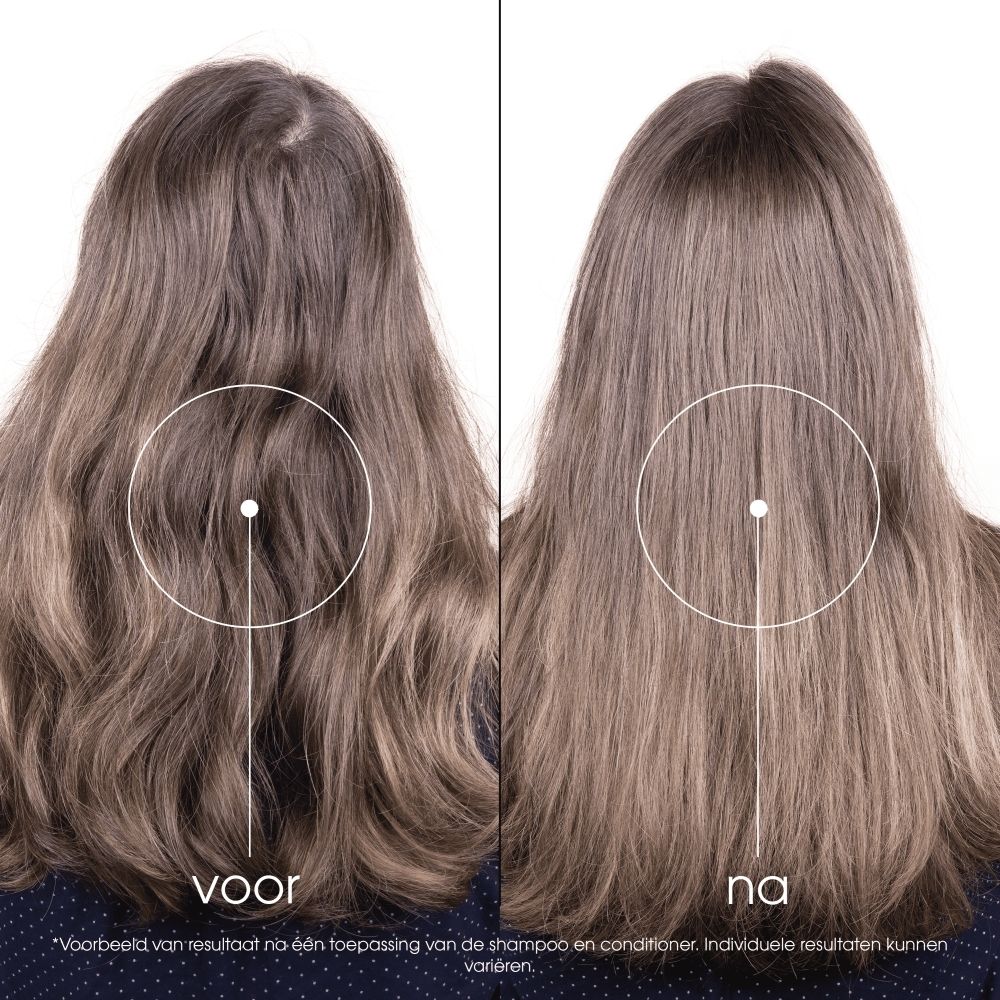 Vrouw met lang blond haar, bewegend in de wind, met Nederlandse tekst.