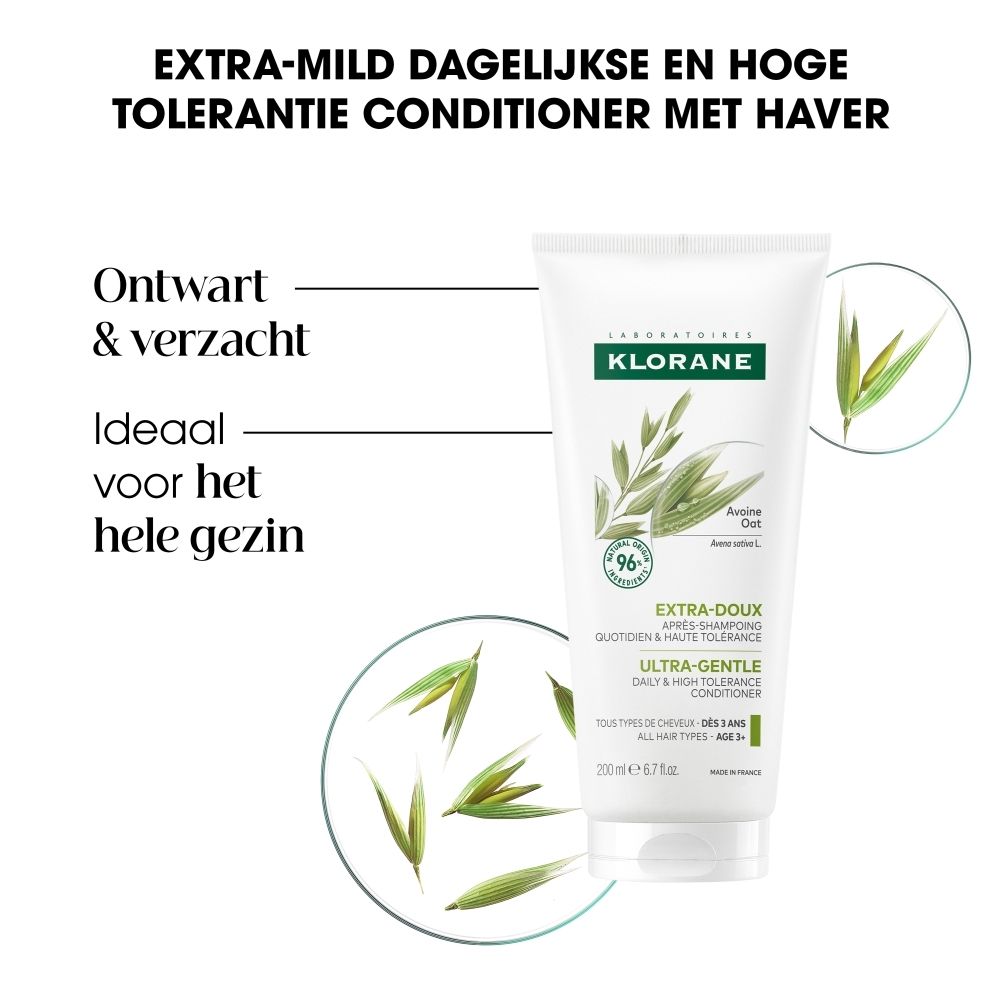 Vergelijking van haar voor en na gebruik van Klorane havermelk balsem, met Nederlandse tekst.