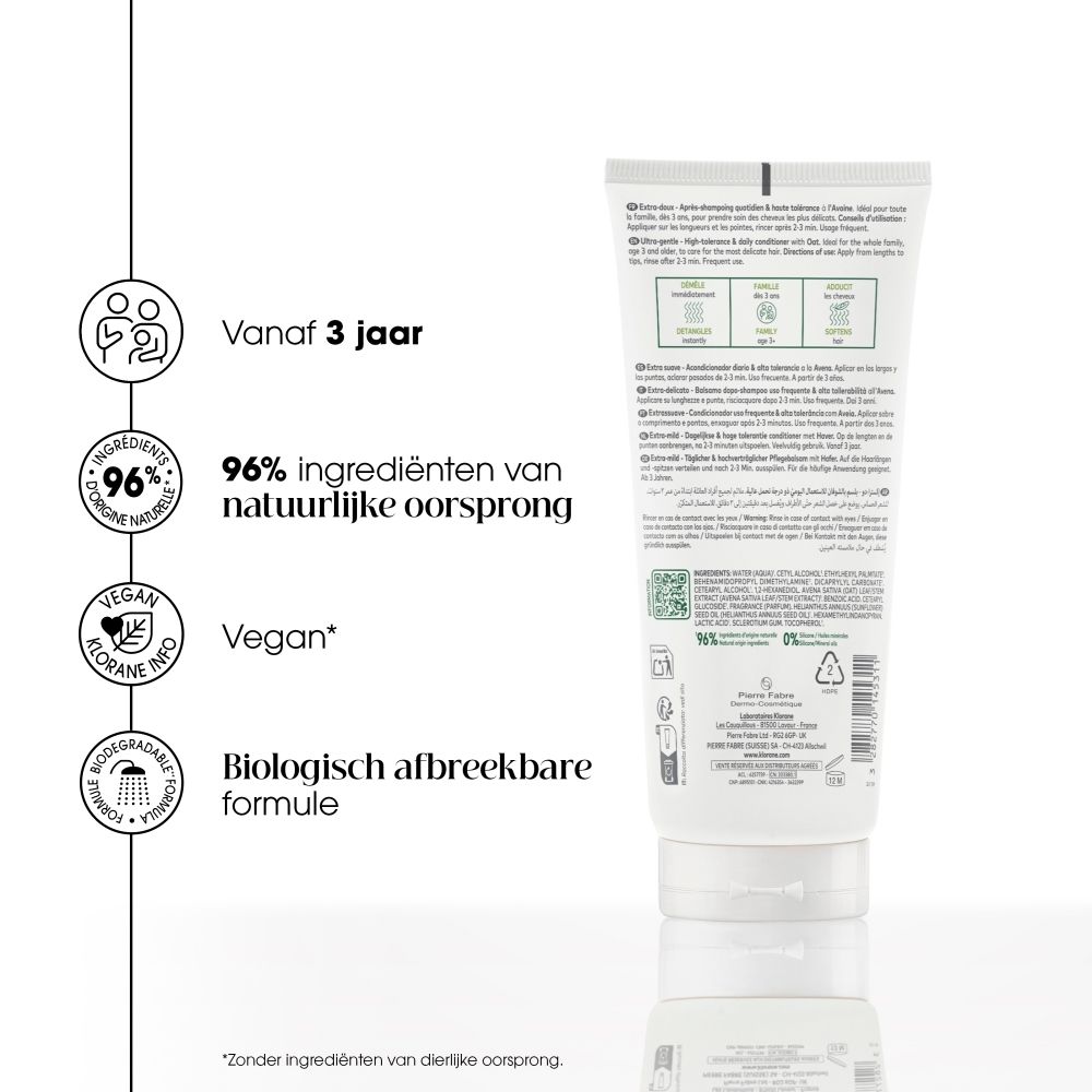 Witte tube Klorane havermelk balsem met logo's voor leeftijd vanaf 3 jaar, 96% natuurlijke ingrediënten en vegan.